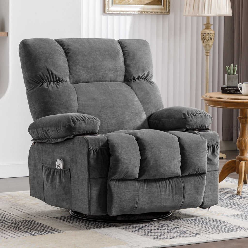 JONPONY Manual Recliner Chair with Heat Therapy and Massage Function, Heavy Duty Reclining Mechanism Massage Chair, Elderly Single Rocker Sofa with Cup Holders for Bedroom Home Theater,Grey