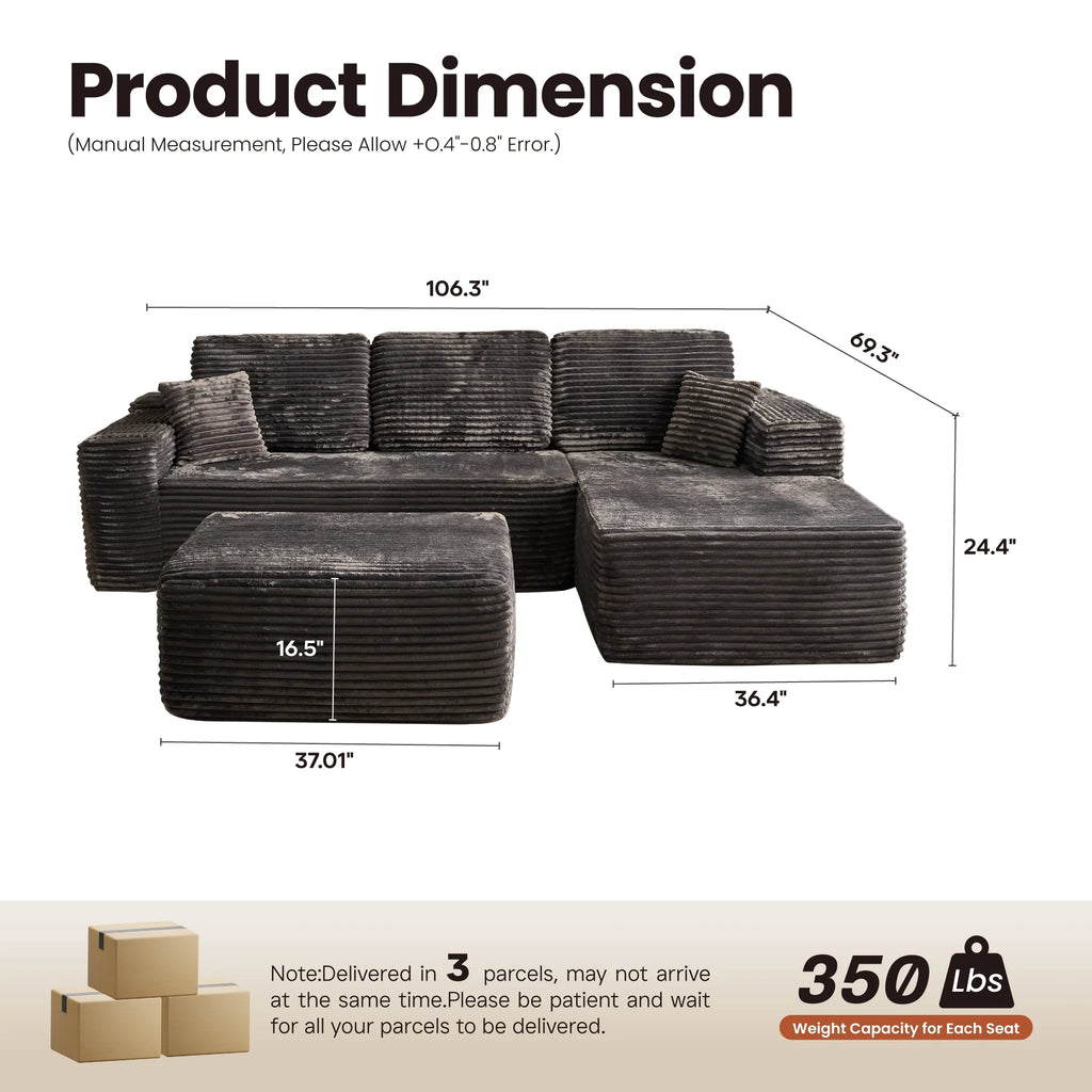 Ovios 106" L-Shaped Sectional Sofa Modern Modular Cloud Couch with Deep Seating Upholstered Sofa for Living Room Bedroom, No Assembly Required, Black(Corduroy)