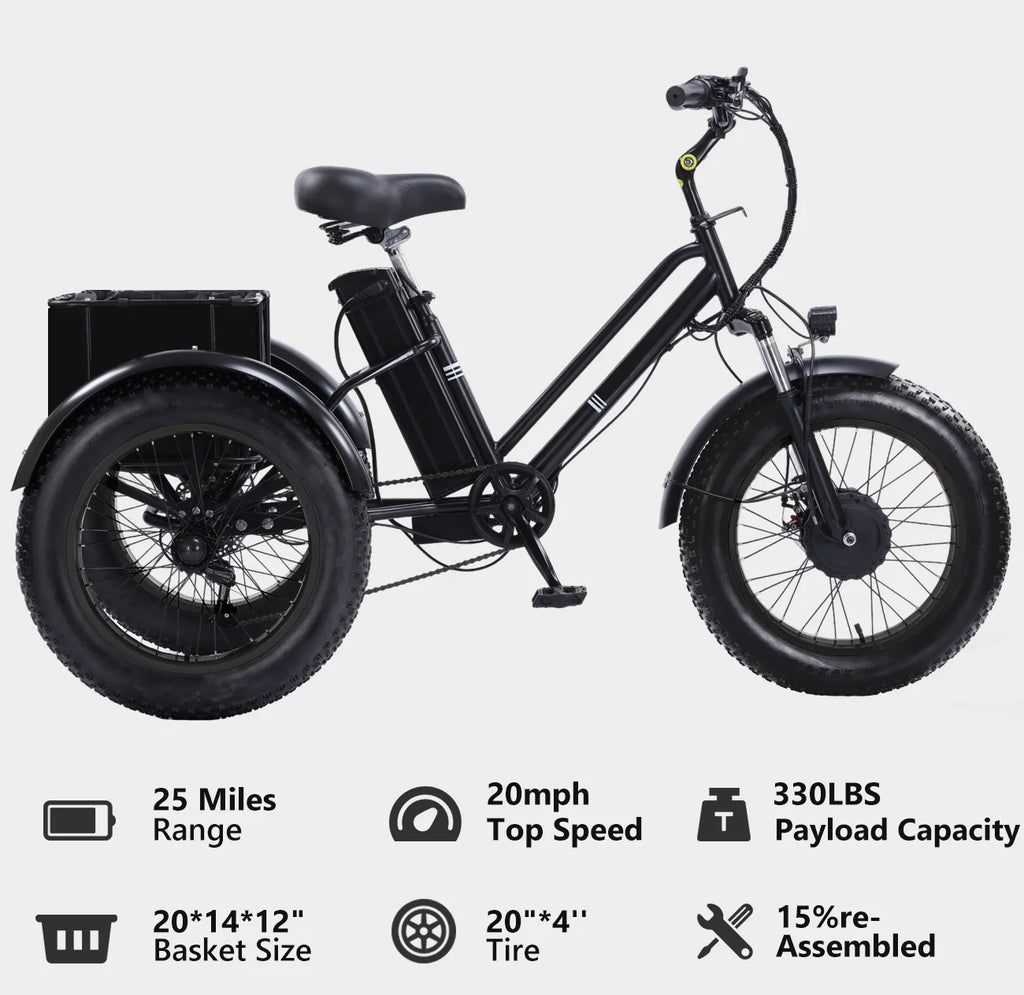 YEBEI Electric Tricycle for Adults Folding E-Trike Motorized Tricycle Electric 3 Wheels Trike Powerful 500W Motor Electric Tricycle 48V15AH Lithium Battery Max 20MPH 20*4.0” Fat Tire Orange