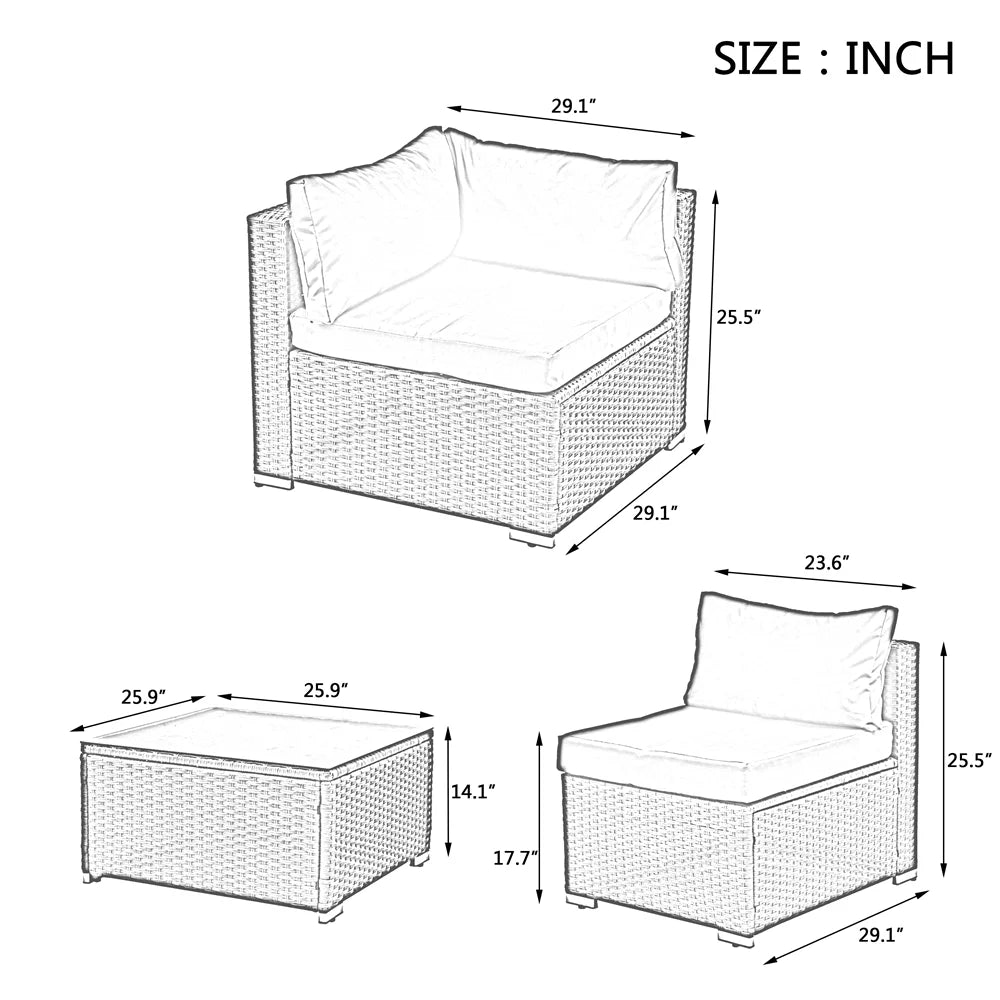 7 Pieces Outdoor Patio Furniture Set, Outdoor Sectional Rattan Sofa, PE Manual Weaving Wicker Patio Conversation Set with Cushion, Glass Table, Pillow, Dark Gray