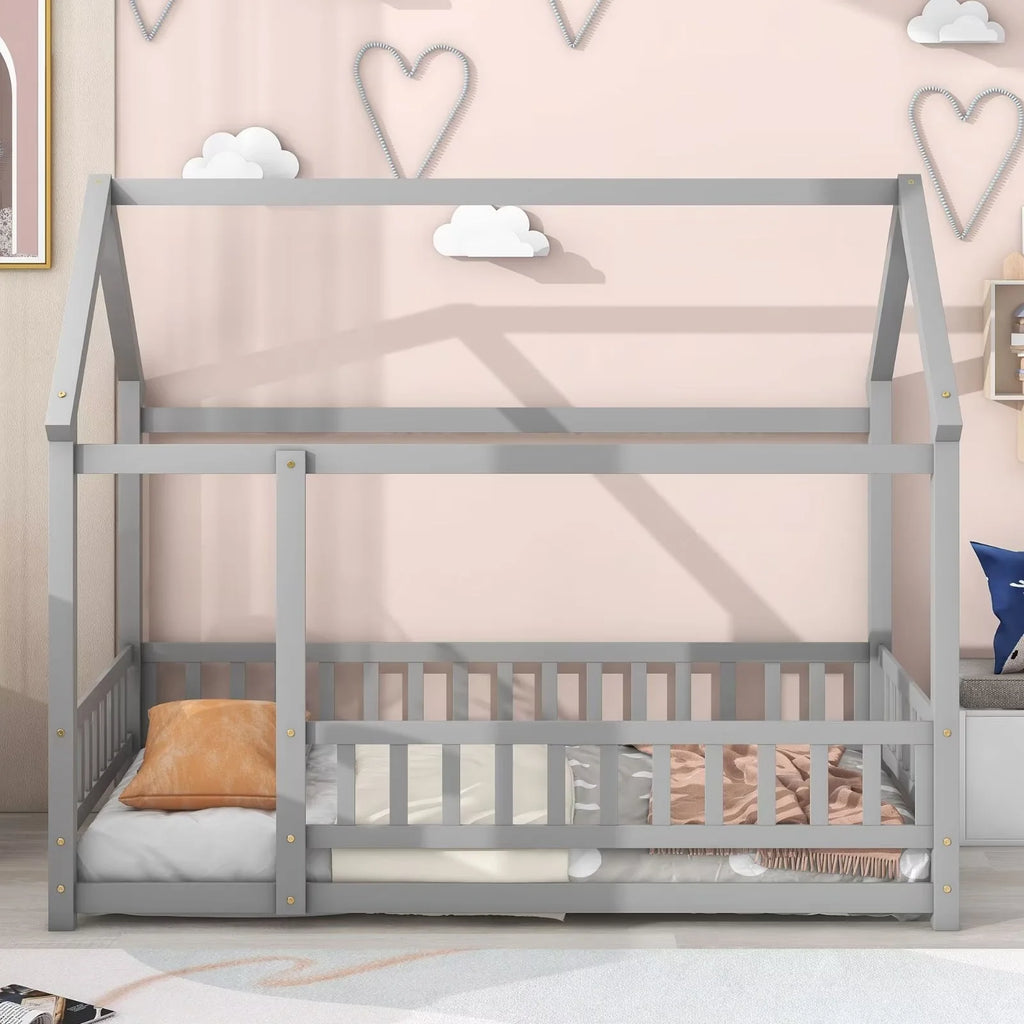 Twin Size House Bed for Boys and Girl, Wooden Canopy Bed Tent Bed, Playhouse Design Bed Frame with Full-lenth Guardrail, Bedroom Furniture, 79.5��L x 44.8��W x 66.2��H, White