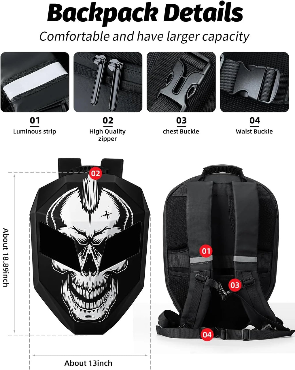 Gelrova Knight LED Bike Backpack, Black Hard Shell Motorcycle Helmet, Small Size 17in