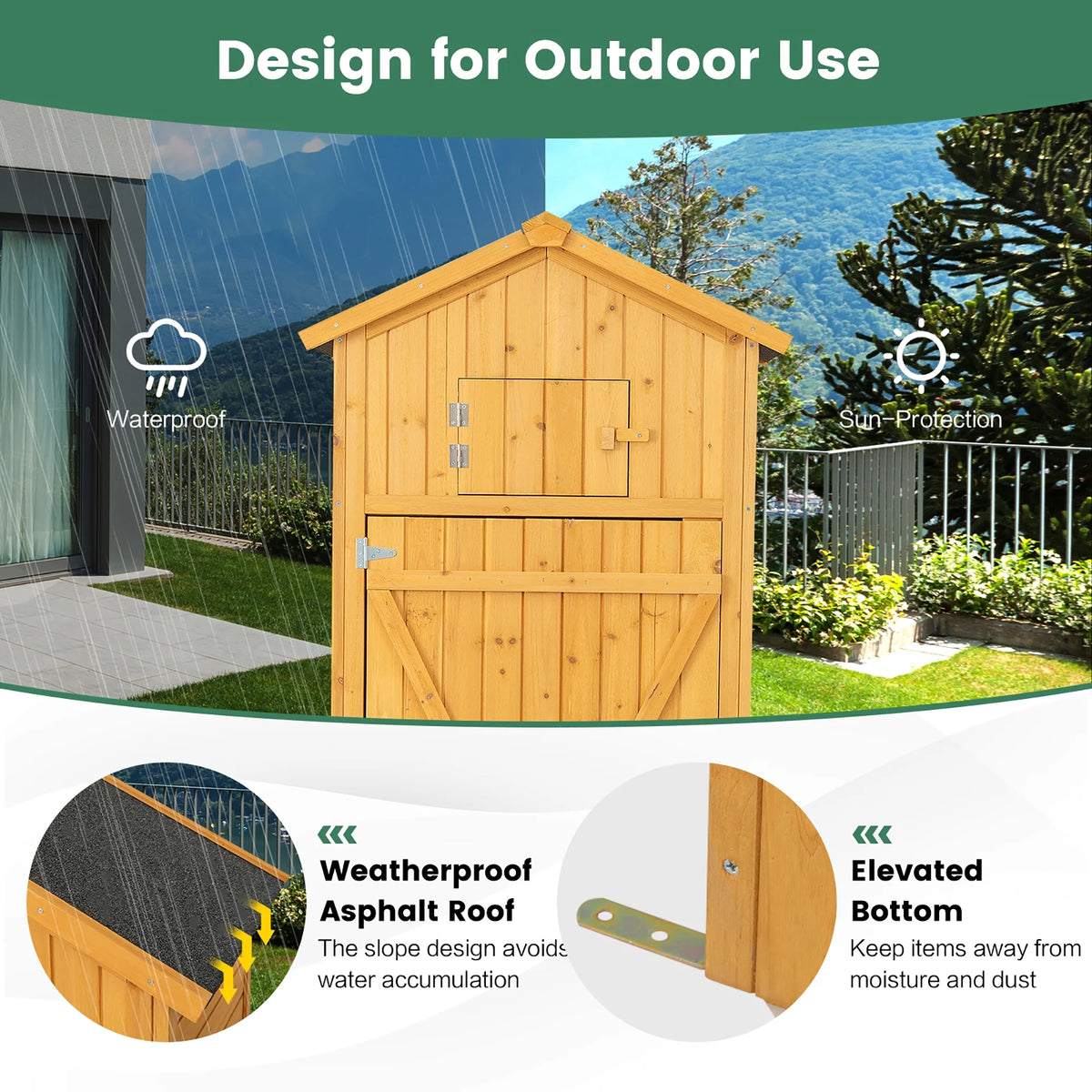 Costway Outdoor Lockable Wooden Storage Shed with Shelves, 71"x29.5"x20", Natural