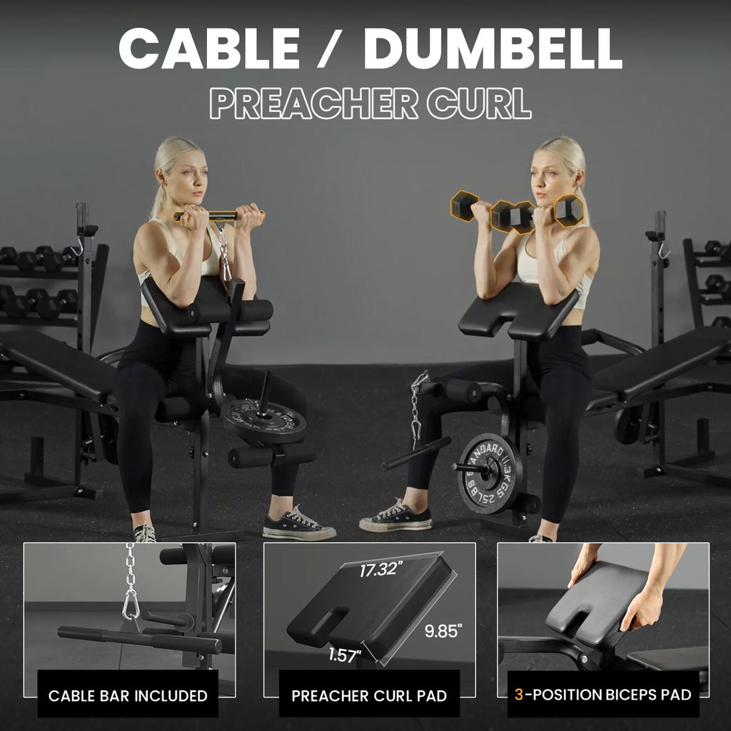 Mikolo Adjustable Weight Bench 800lbs 6 in 1 with Lat Pull Down, Leg Extension and Leg Curl, Chest Fly and Preacher Curl Workout Bench Multi-Function Strength Training Bench Press Exercise Equipment