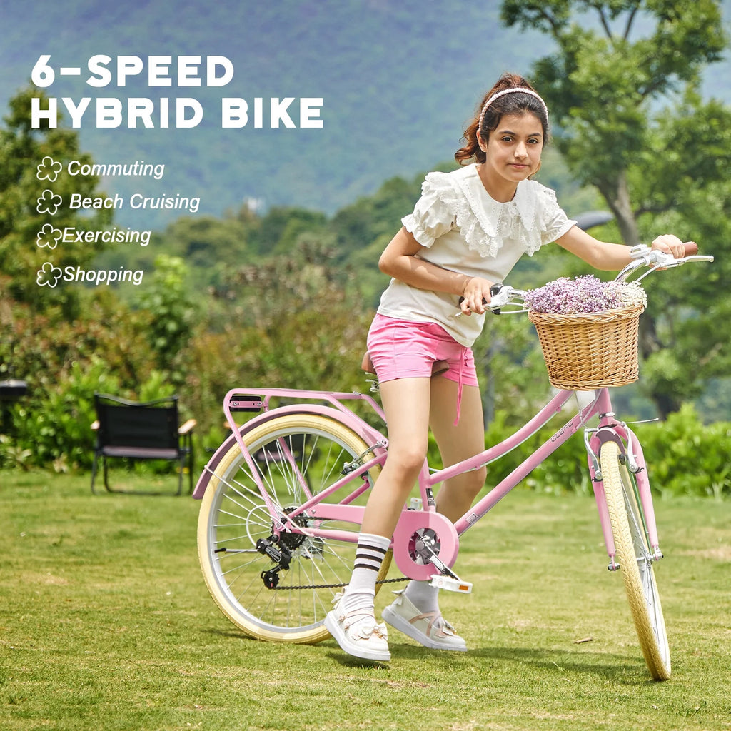 Glerc Missy 24" Girls Cruiser Bike 6-Speed Women's Hybird Bicycle for Ages 7-11 Years, Mint Green