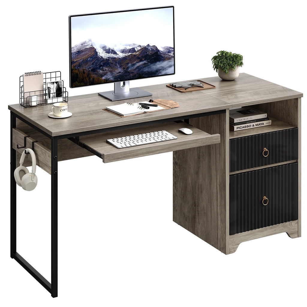 Bestier 55 Inch Office Desk with Drawers, Keyboard Tray, 2 Hooks, Modern Fluted Computer Desk for Home, Grey