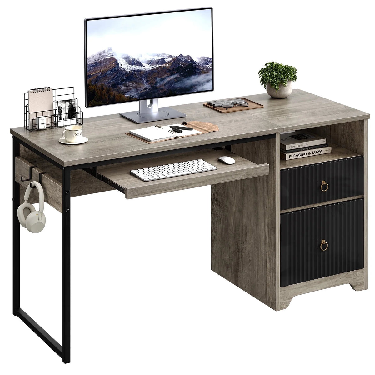 Bestier 55 Inch Office Desk with Drawers, Keyboard Tray, 2 Hooks, Modern Fluted Computer Desk for Home, Grey