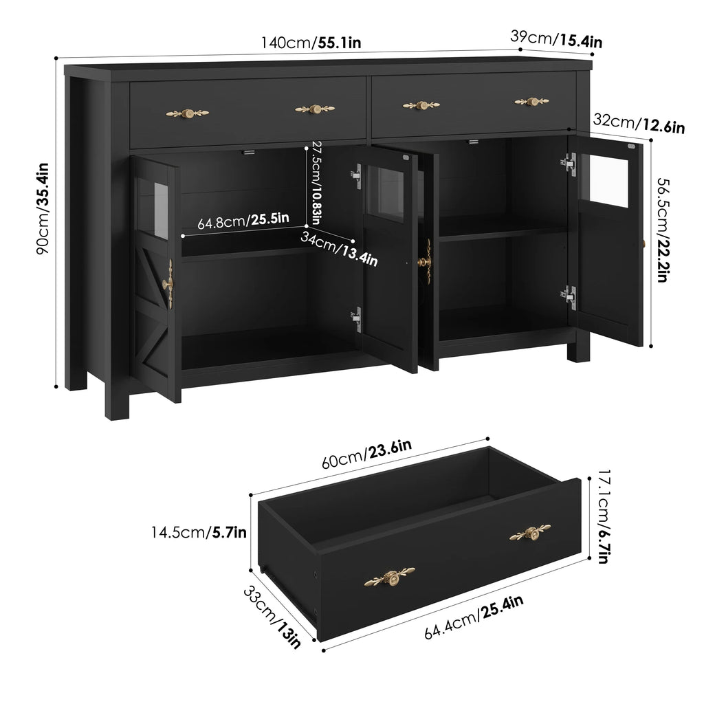 Homfa Farmhouse 55.1"WKitchen Buffet Cabinet with Storage Drawer & Adjustable Shelf, Glass Door Wood Sideboard Credenza Coffee Bar with for Dining Room Living Room, White & Black