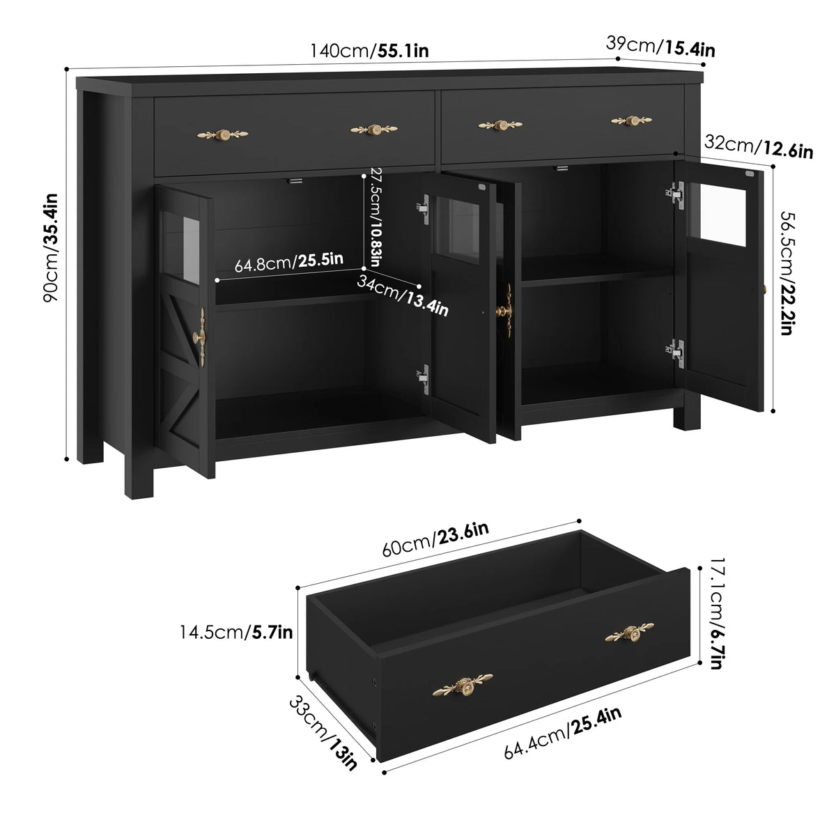 Homfa Farmhouse 55.1"WKitchen Buffet Cabinet with Storage Drawer & Adjustable Shelf, Glass Door Wood Sideboard Credenza Coffee Bar with for Dining Room Living Room, White & Black