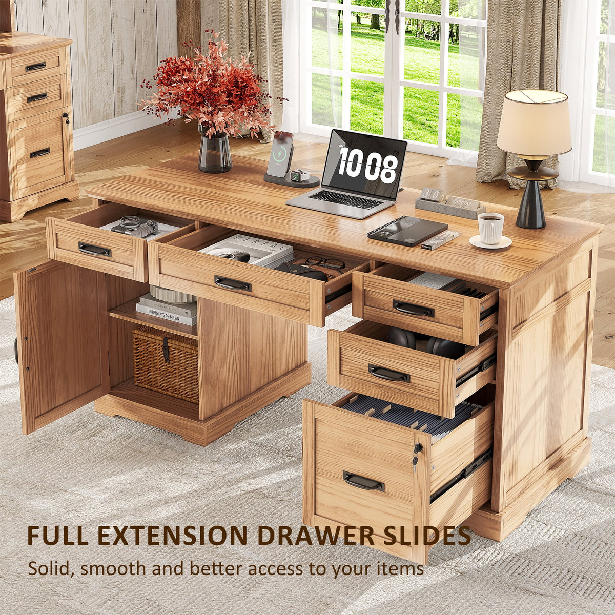 Whalefall 55 in Farmhouse Executive Desk with File Drawer for Adult Home Office, White