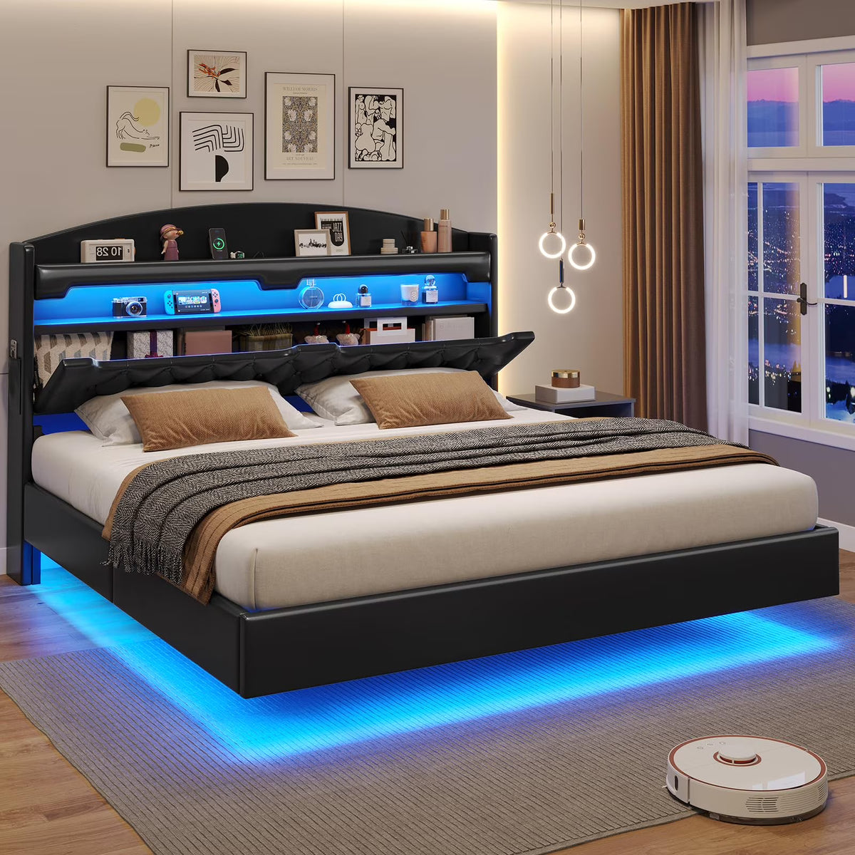 King Size Bed Frame with Storage Headboard and LED Lights,Upholstered Platform Bed with USB Port Charging,Headboard with Shelves Hidden Storage,Noise-Free,Dark Grey