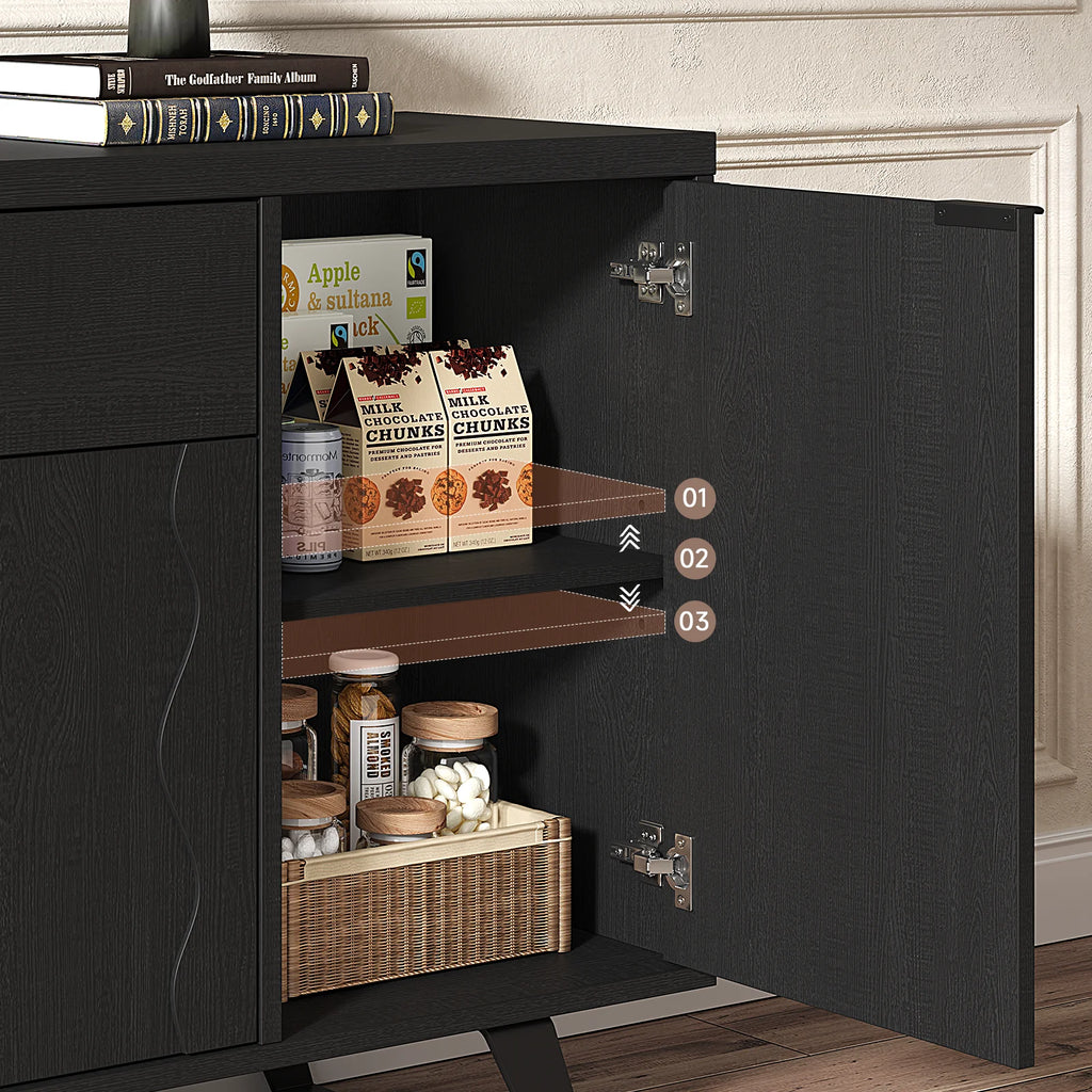 63" Sideboard Buffet Cabinet, Kitchen Buffet Storage Cabinet, Mid Century Modern Storage Cabinet with 4 Doors & Shelves, Wood Coffee Bar Console Wine Bar for Living Room, Kitchen,Hallway,Black