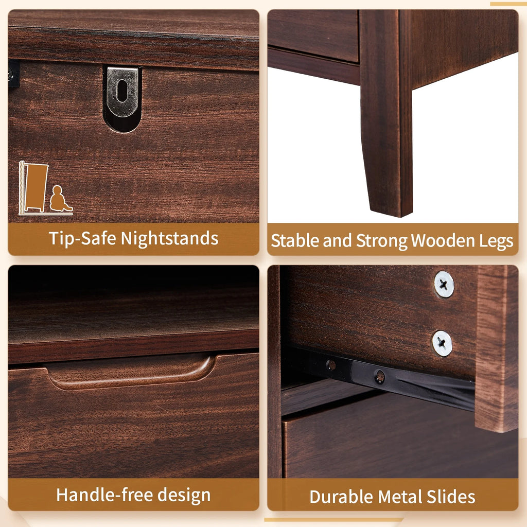 UBesGoo Nightstand 2 Drawer Dresser Side Table, Soild wood & MDF with Solid Wood Veneer, Brown