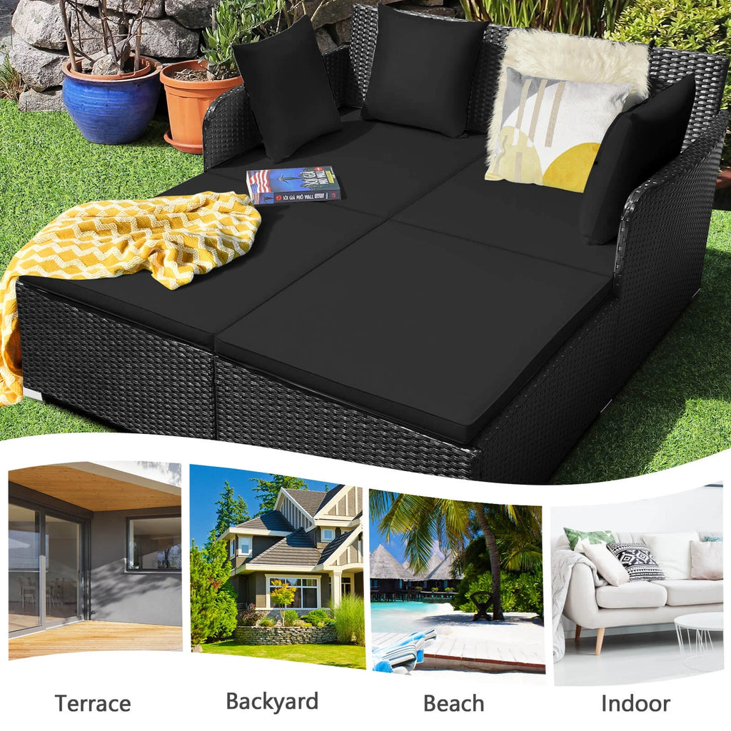Costway Outdoor Patio Rattan Daybed Pillows Cushioned Sofa Furniture Beige