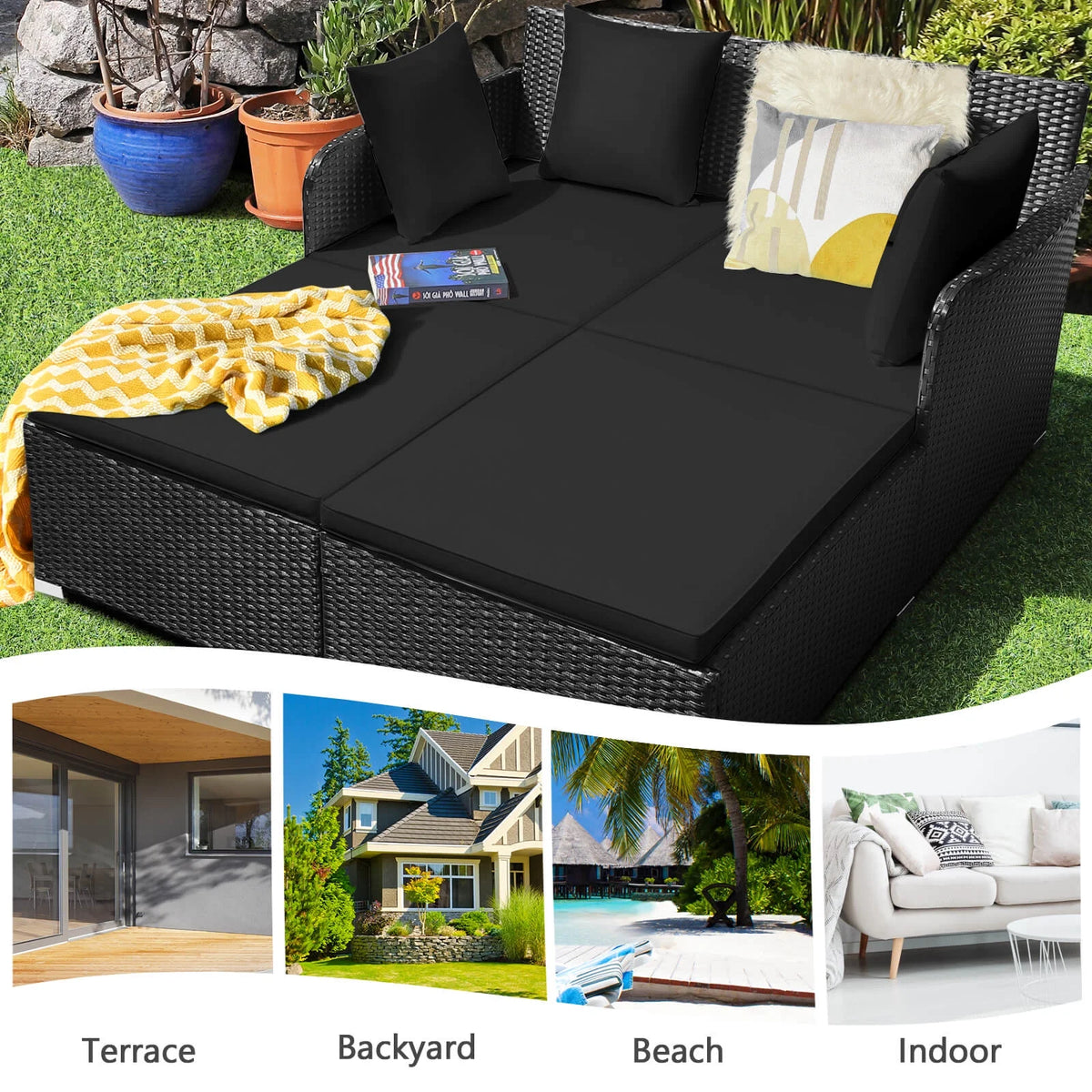 Costway Outdoor Patio Rattan Daybed Pillows Cushioned Sofa Furniture Beige