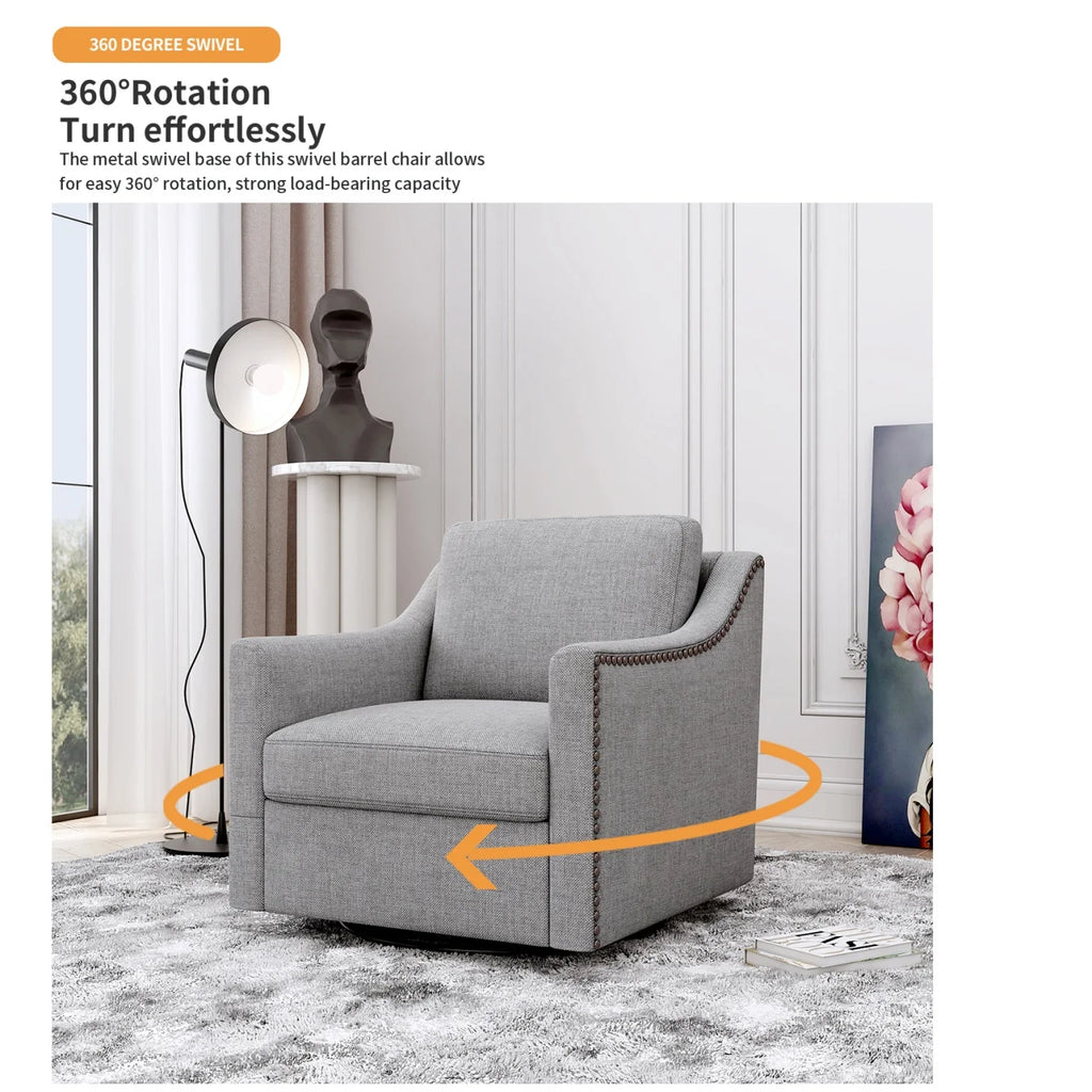 Swivel Accent Chair Armchair, 360�� Swivel Chair in Cotton Linen, Living Room Chairs with Wide Cusion and Curved Armrest, Comfy Barrel Sofa Reading Chairs for Bedroom, Small Spaces, Office, Grey