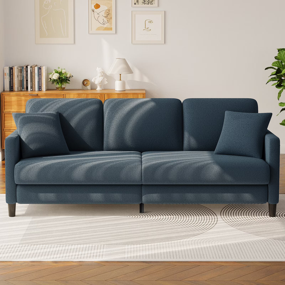 83" Comfortable Upholstered Sofa, 3 Seater Couch for Living Room, Neche Big Loveseat with Extra Deep Seats , 2 Pillows, Beige White