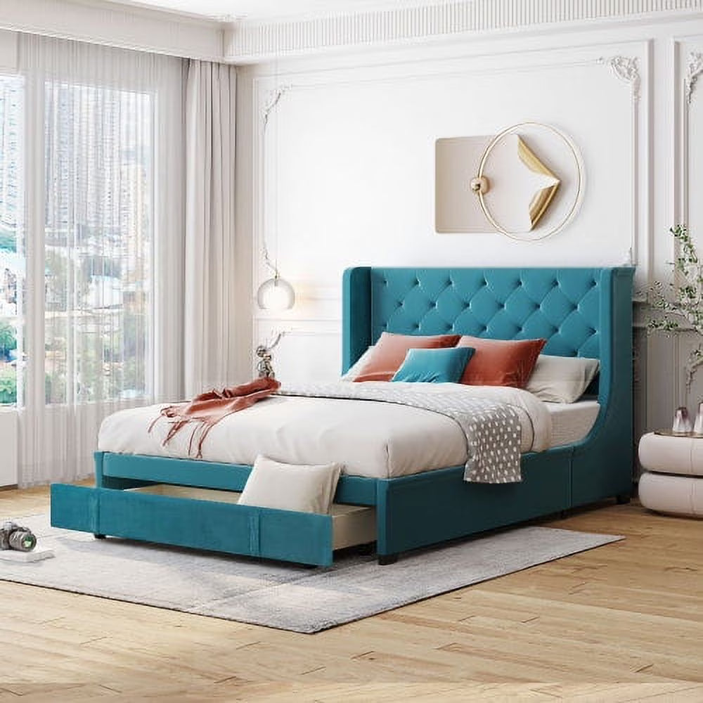 Queen Bed Frame with Storage Drawer, Velvet Upholstered Storage Bed, Wood Platform Bed Frame with Wingback Headboard and a Big Drawer(Beige)