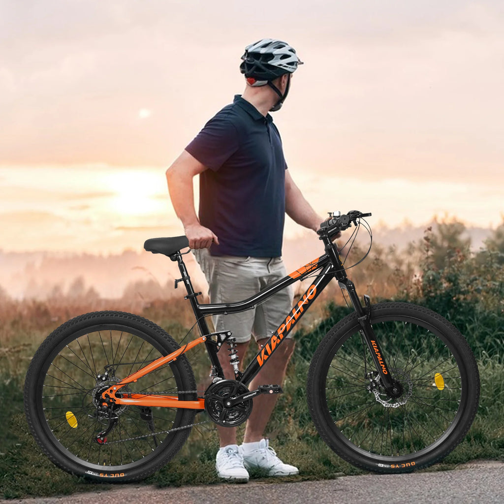 26" Steel Frame Mountain Bike, 21-Speed Unisex Bicycle with Dual Shock Absorbers, Black & Orange