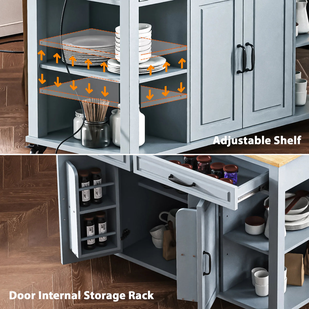 Kitchen Island with Extendable Table and Power Outlet, Wood Kitchen Rolling Cart with 2 Drawers & 2 Cabinets, Internal Storage Rack and Adjustable Shelf, Grey Blue