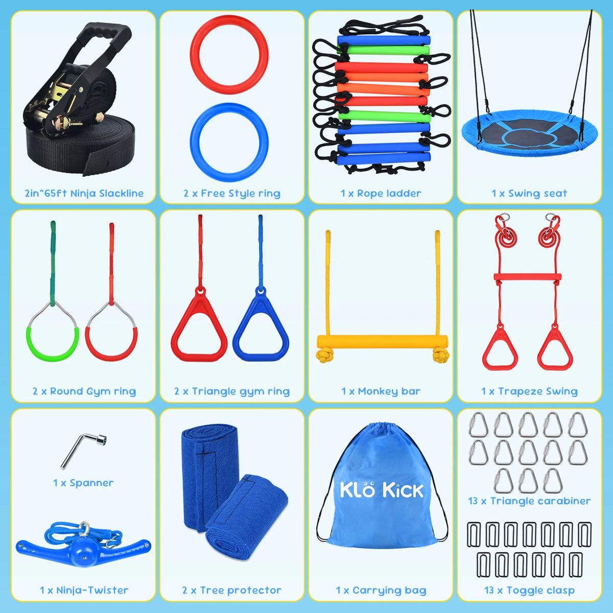 KloKick 65ft Ninja Warrior Obstacle Course for Kids �C Outdoor Backyard Set with Swing, Ninja Rope, 11 Obstacles, Slackline, Jungle Gym for Tree Installation