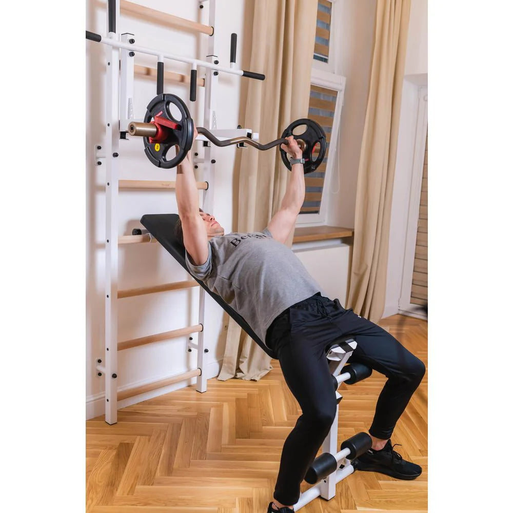 BenchK 733 White Wall bars with convertible steel 6-grip pull-up bar that can also be used as a barbell holder, dip bar with back support and advanced workout bench