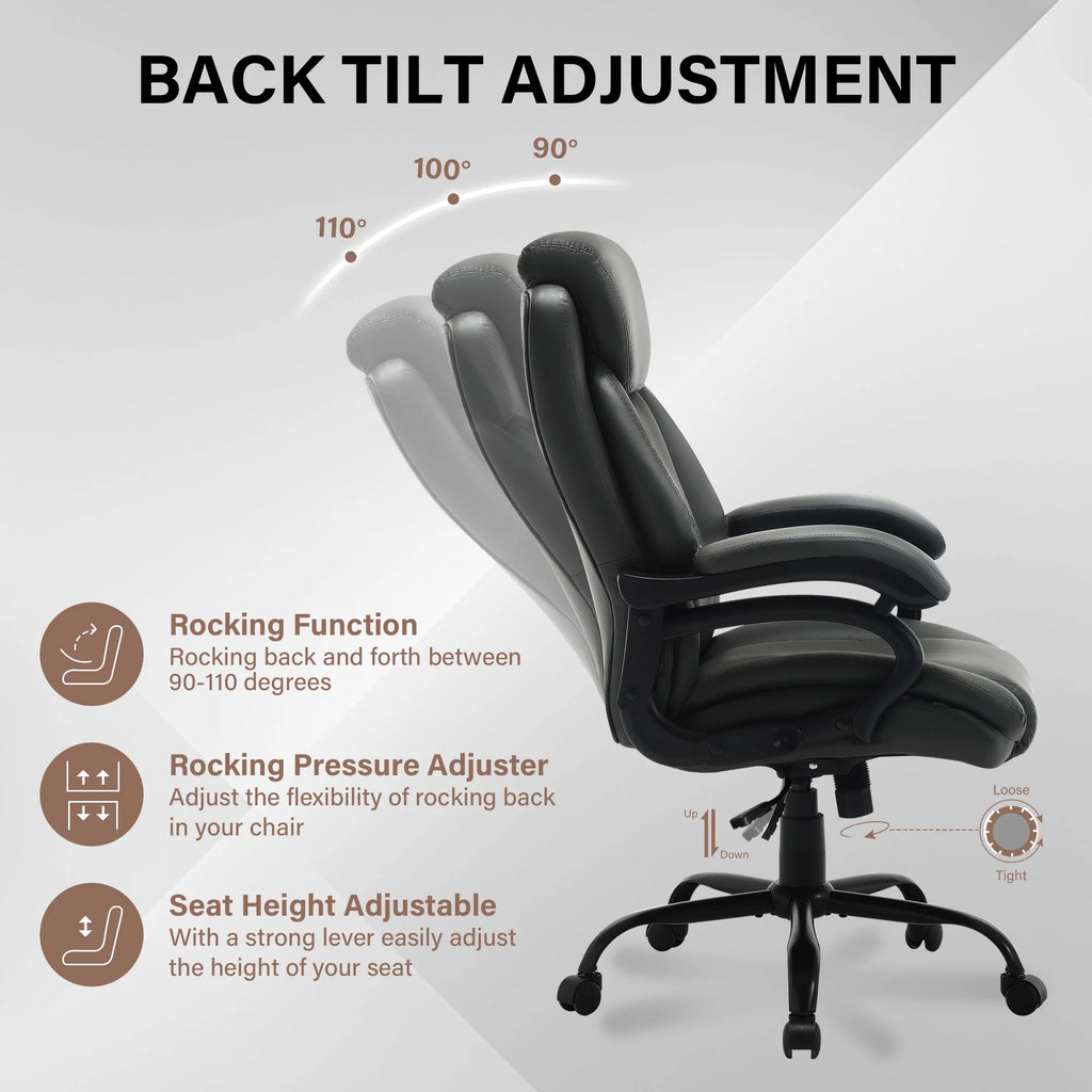 JONPONY Big and Tall Office Chair 500LBS Wide Seat Ergonomic Computer Desk Chair High Back Executive Leather Chair Adjustable Task Chair Lumbar Back Support 8 Hours Heavy Duty Design,Black