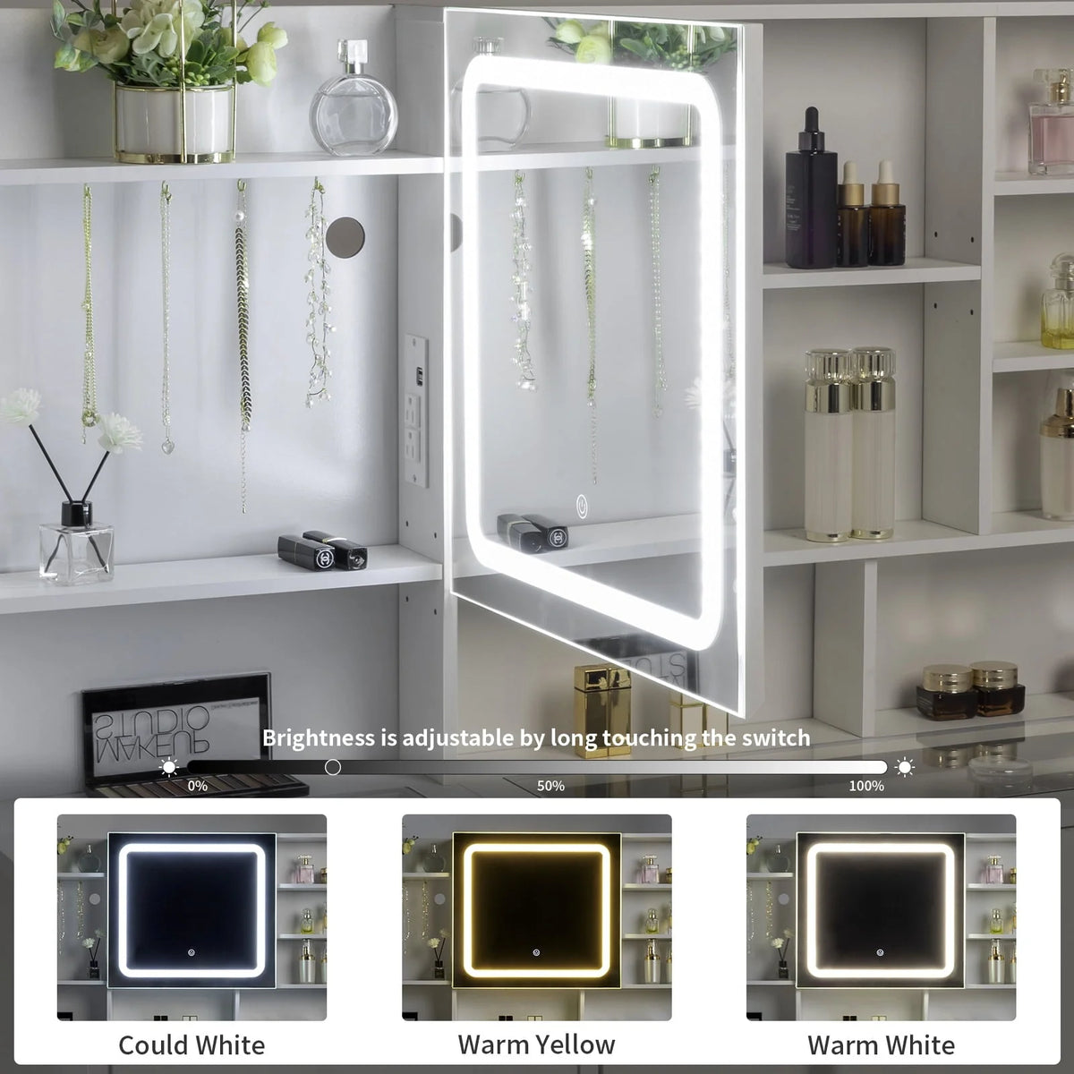Ktaxon Makeup Vanity with 3 Color Lights, Vanity Desk with USB Charging Station, Vanity Makeup Table with Visible Drawers, Hidden and Open Storage Shelves, White