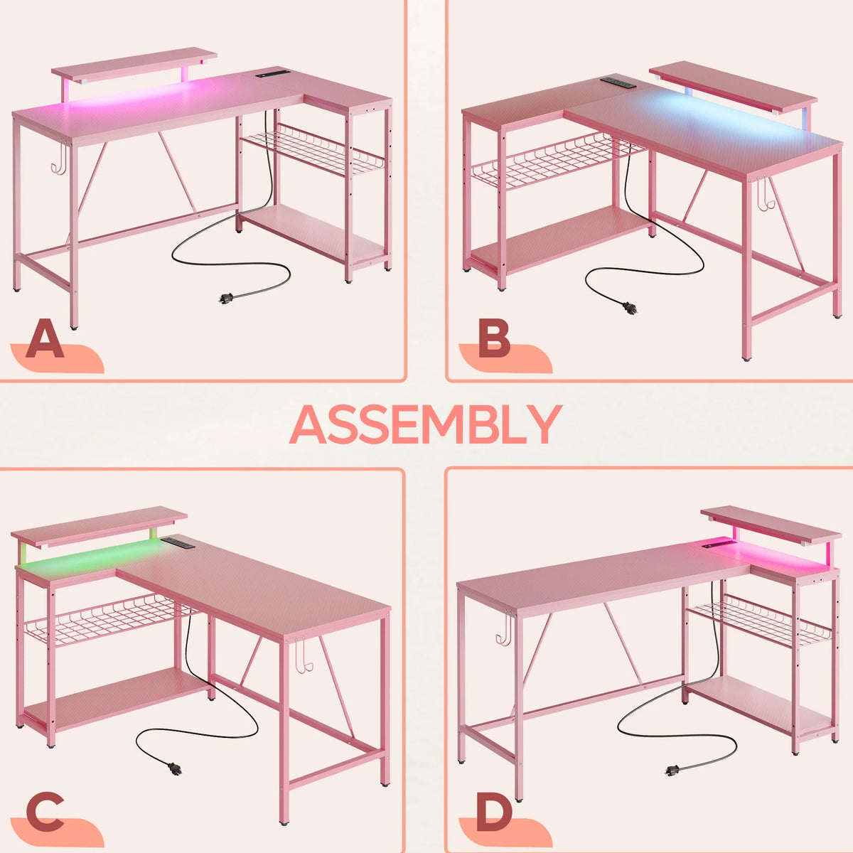 Bestier 52" Gaming Desk with LED Lights L Shaped Desk with Power Outlet & Monitor Stand Corner Computer Desk in Carbon Fiber