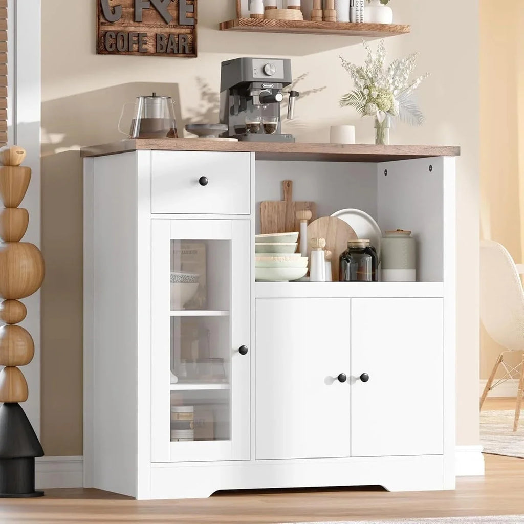 Kitchen Microwave Cabinet with Storage,Buffet Sideboard with 3 Doors, 1 Drawer & Adjustable Shelves, Pantry Storage Cabinet, White