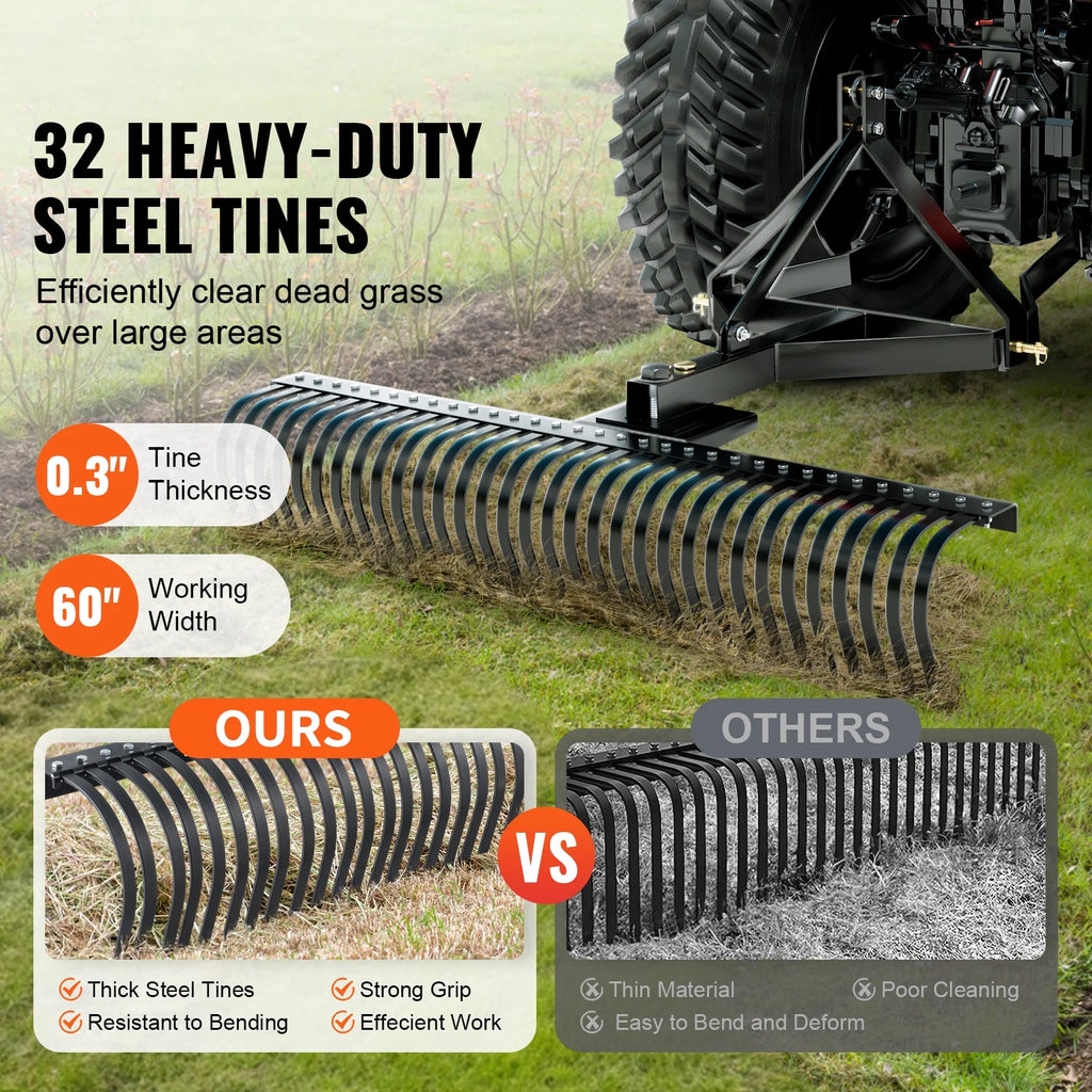 KFFKFF 3-Point Landscape Rake, 60" Pull-Behind Thatch Remover with 32 Steel Tines, Tractor-Compatible 3-Point Hitch Garden Rake with Attachments