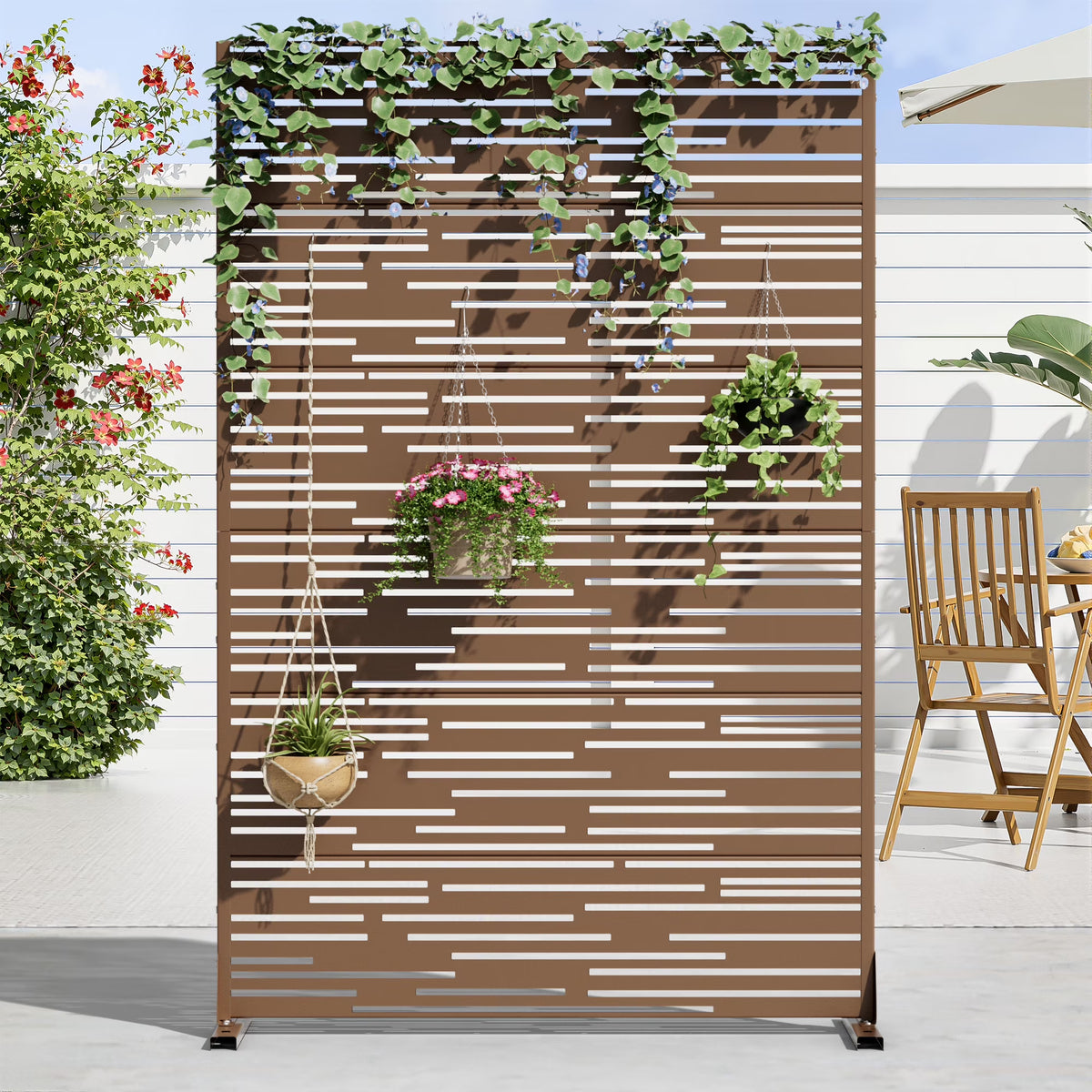 MAYEERTY 72 �� 47in Outdoor Privacy Screen with Stand Metal Balcony Decorative Screen, Black