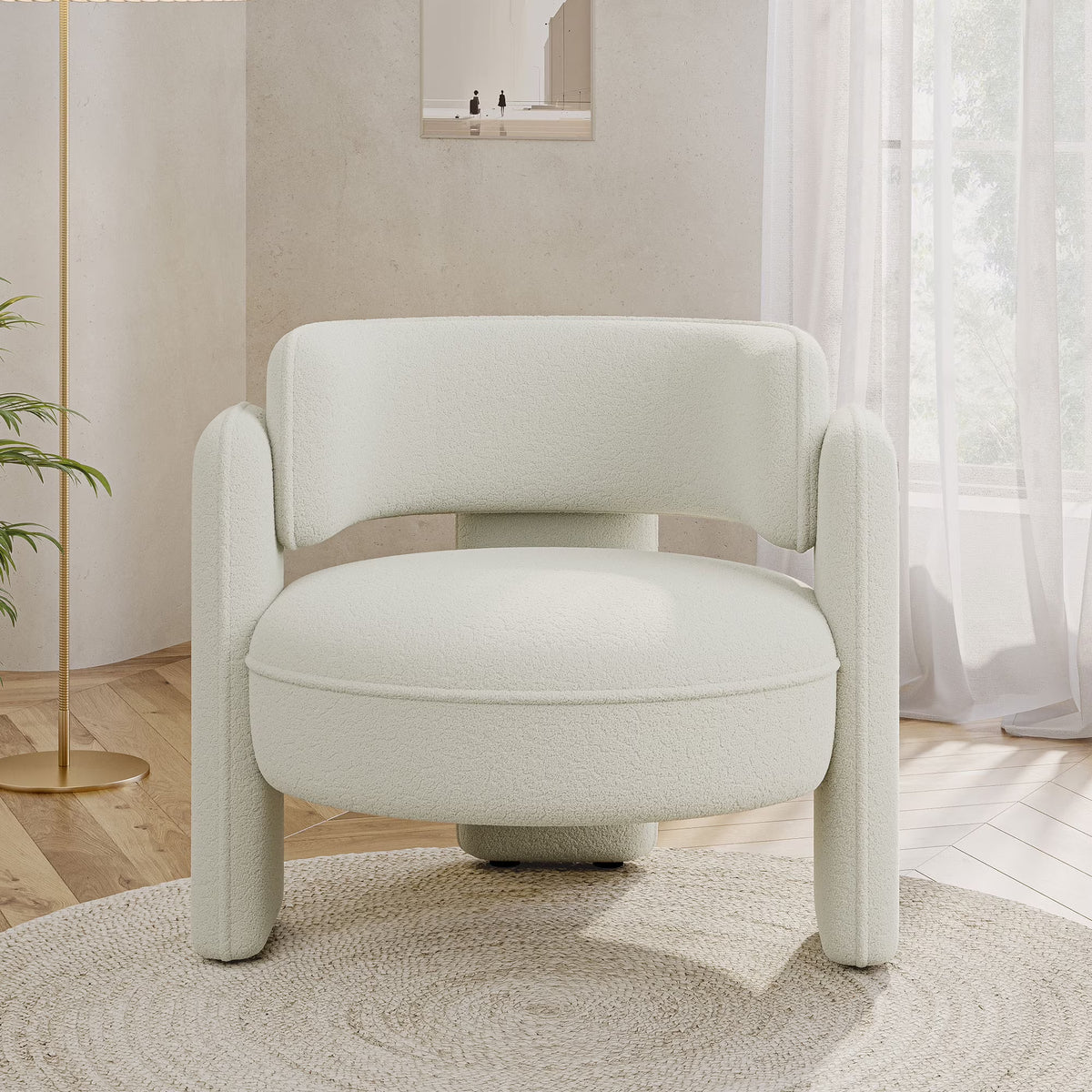 BELLEZE Sherpa Boucle Chair, Modern Barrel Accent Chair Comfy Round Upholstered Armchair Accent Side Chair for Living Room, Bedrooms, Corner - Quinton��White��