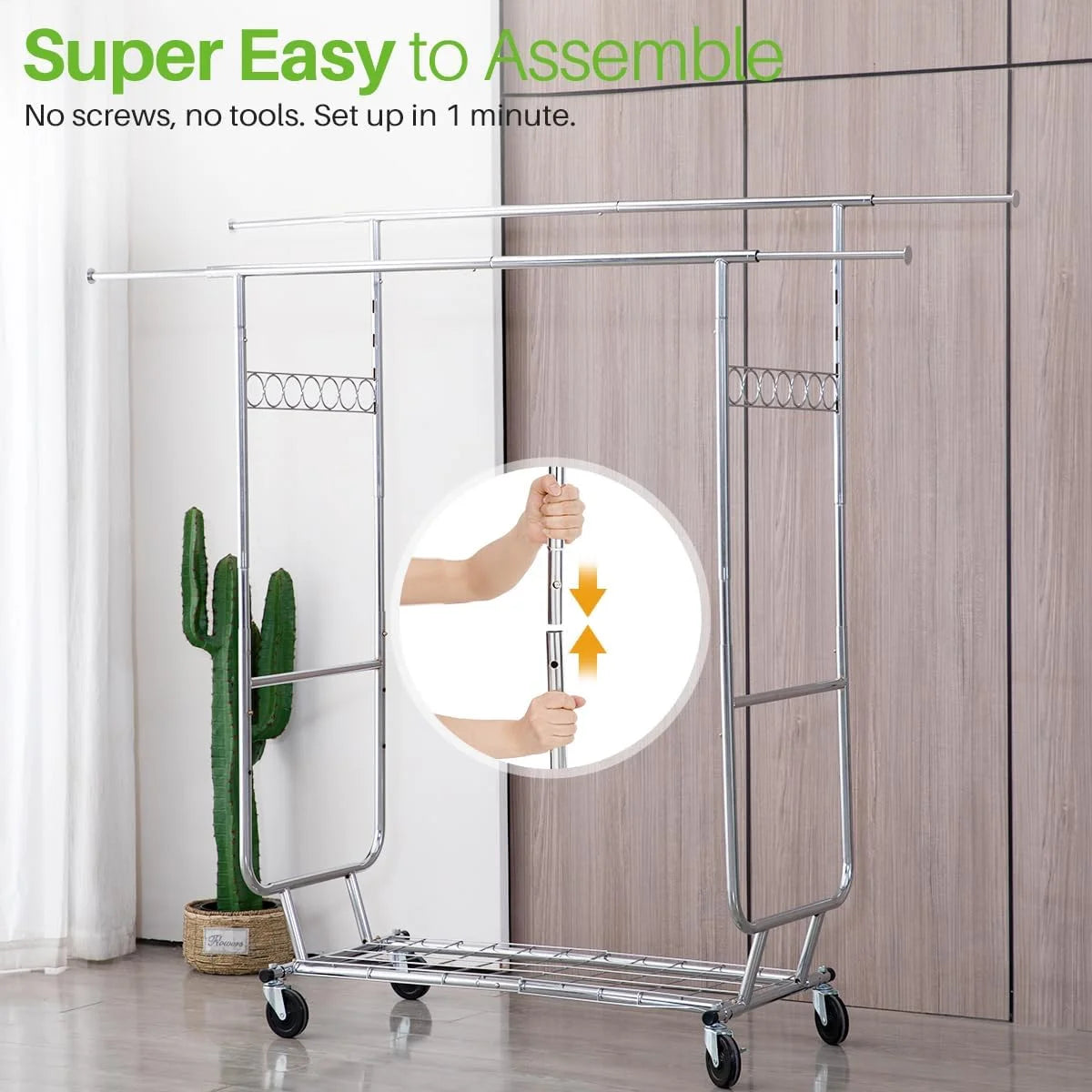 HOKEEPER 700 lbs Commercial Grade Heavy Duty Garment Rack with Shelves Collapsible Clothing Racks on Wheels Rolling Clothes Rack for Hanging Clothes Portable Adjustable, Chrome Finish