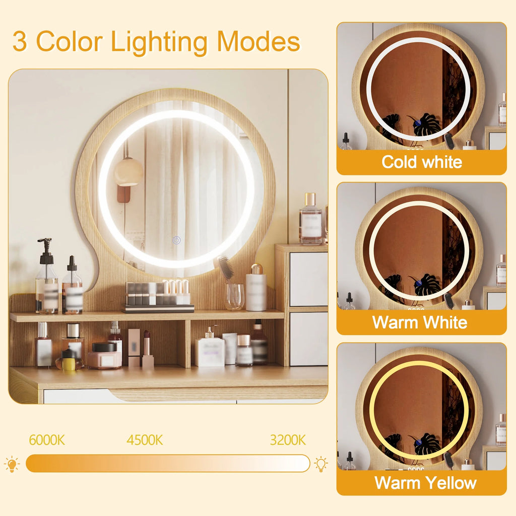 Montary Modern Mini Vanity w/Adjustable LED Mirror + Hidden Storage, Padded Stool & Dustproof Shelves (White)