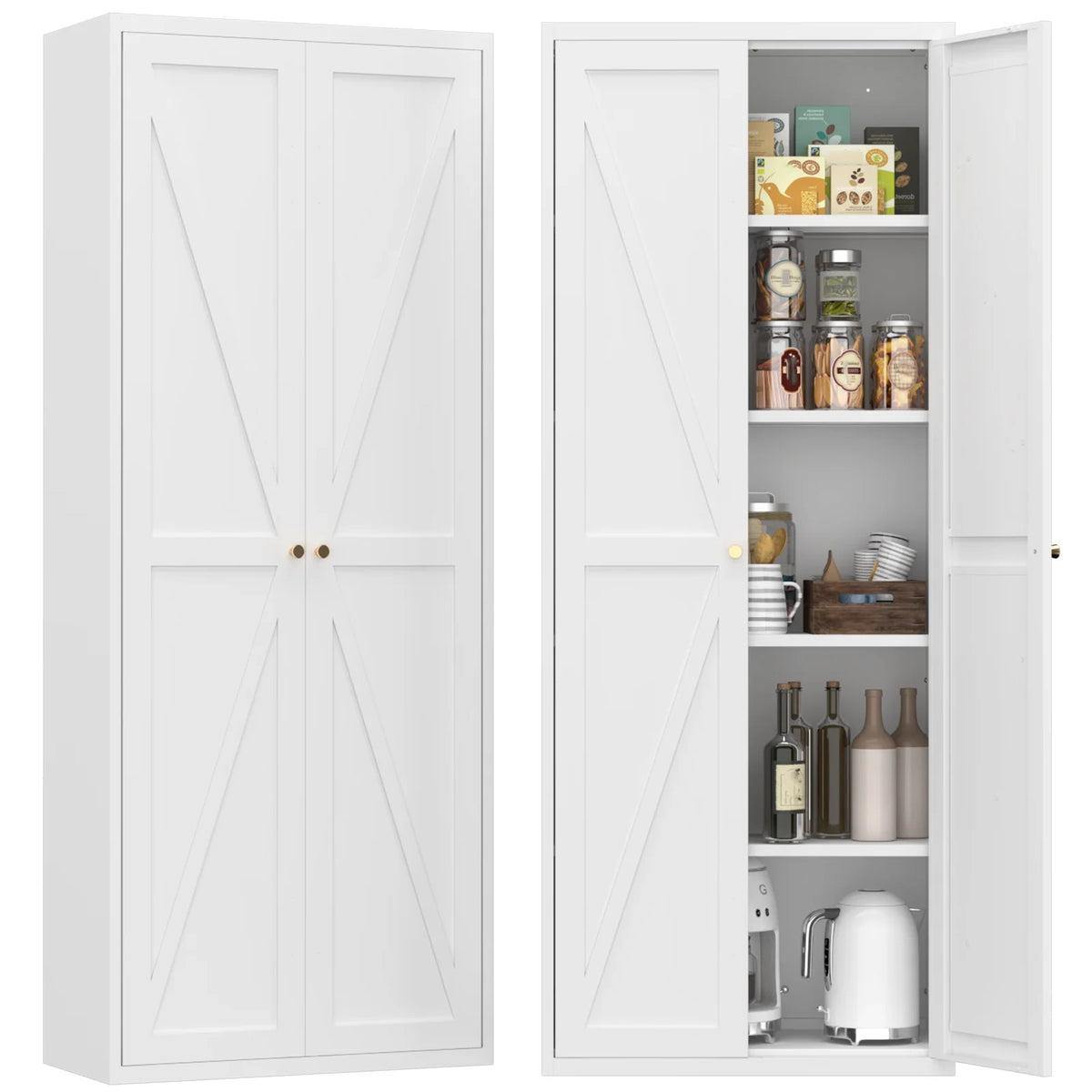 Aukfa 71" Freestanding Kitchen Pantry Storage Cabinet with 4 Adjustable Shelves, Metal Food Pantry Cupboard for Kitchen/Garage/Office, White