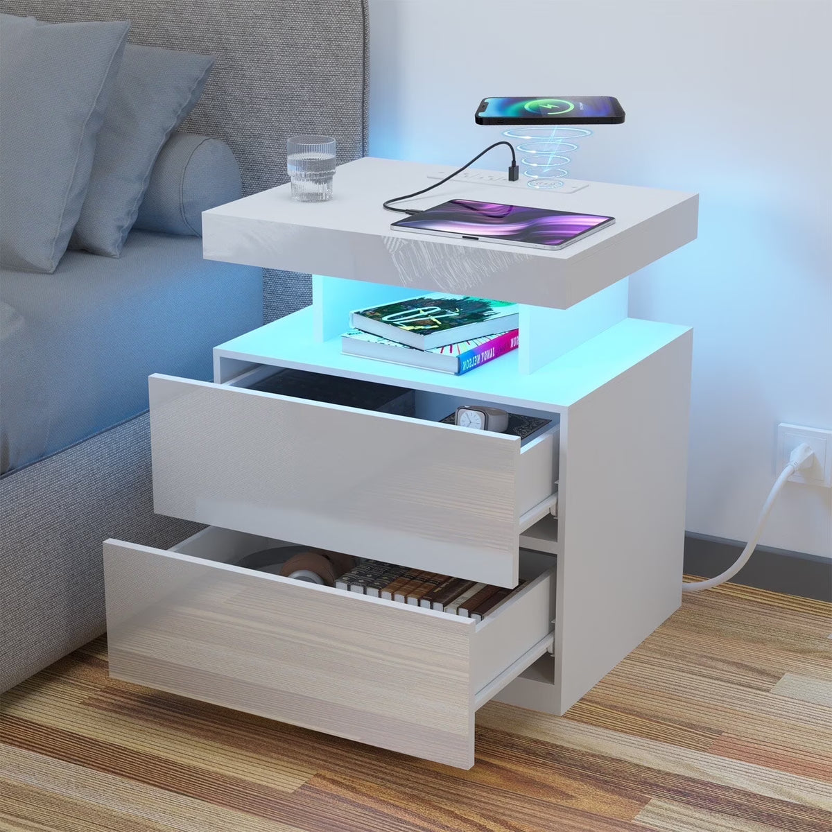 Hommpa LED Nightstand with Wireless Charging Station Modern Nightstand Type C USB Port 2 Drawers Bedside Table Black Smart Night Table High Gloss End Side Table for Bedroom Furniture 22.3" Tall