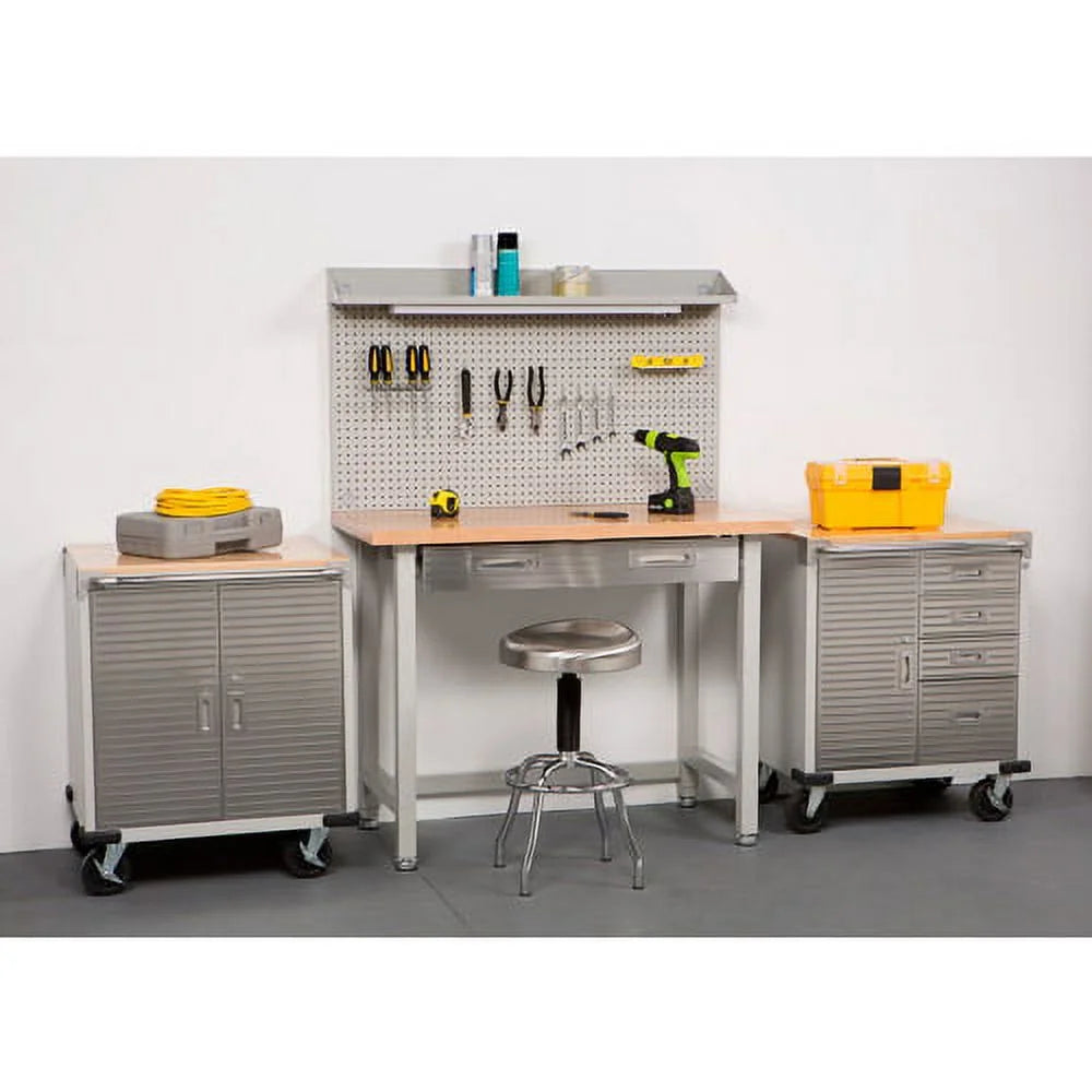 Seville Classics UltraHD® Heavy Duty Rolling Cabinet Workbench Table w/ Solid Wood Top, Workstation for Garage, Office, Workshop, Granite, 1-Door, 4-Drawer (28" W x 25" D)