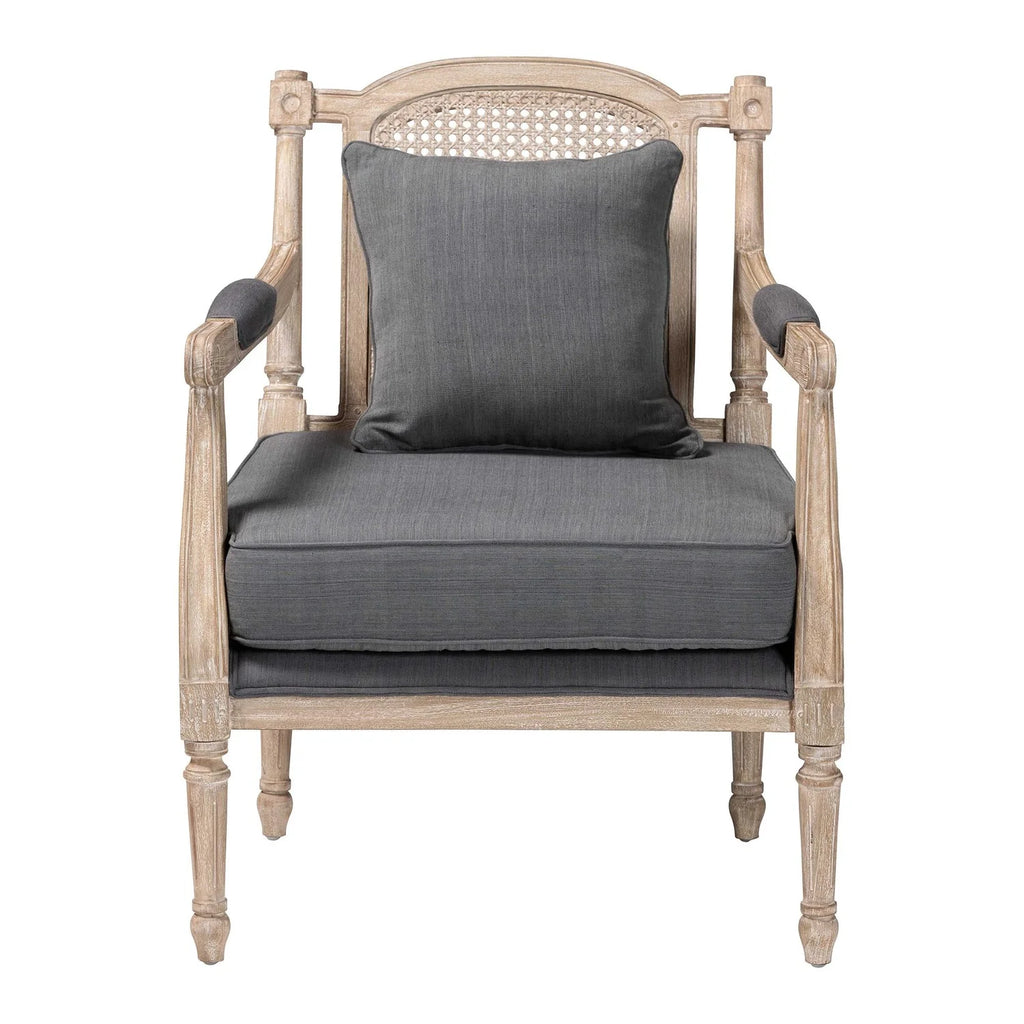 Baxton Studio Clemence French Provincial Grey Fabric Whitewashed Mahogany Wood Armchair