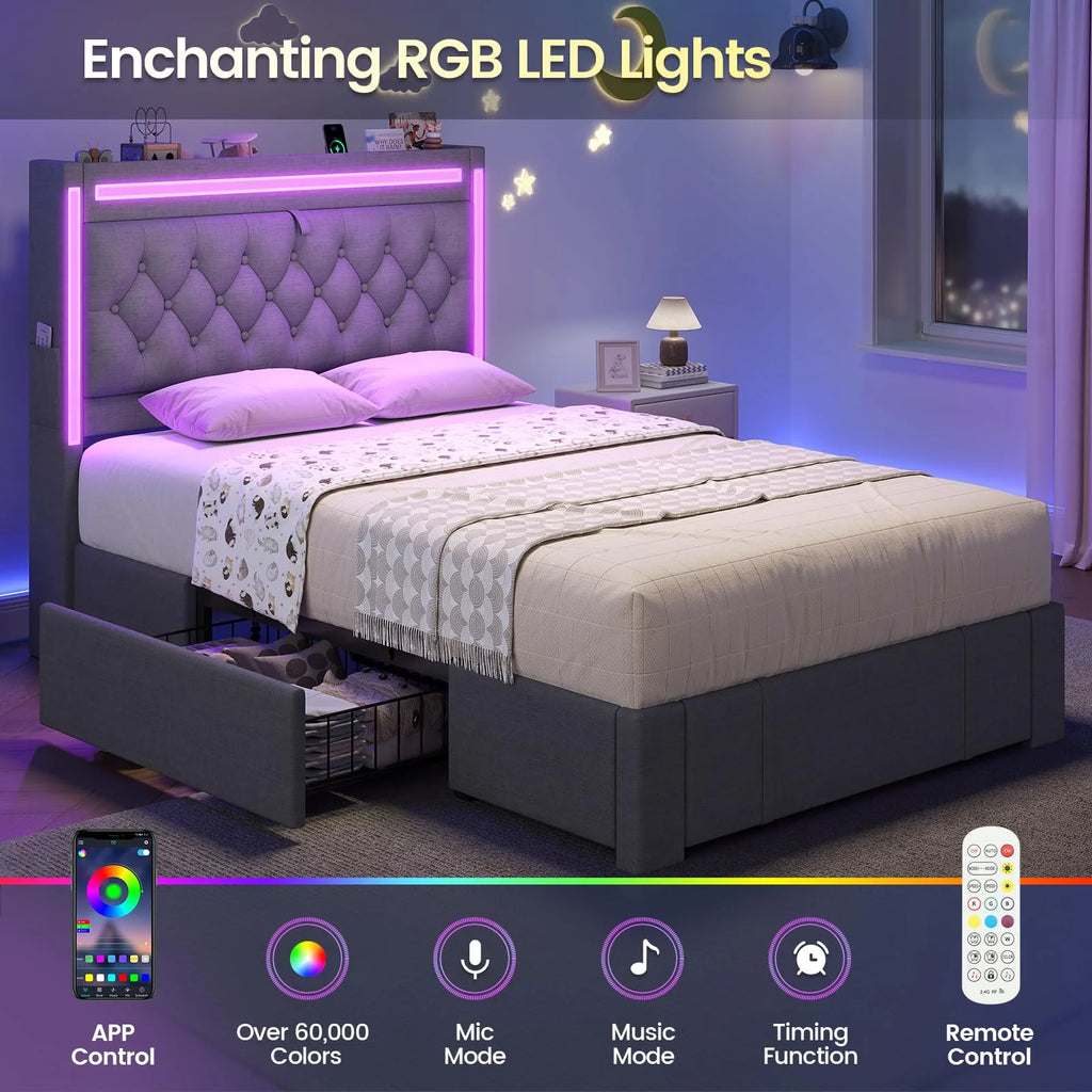 Platform Bed Twin Size with Storage Drawers and Headboard,, Twin Size Velvet Upholstered Bed with RGB Lighting and Power Outlet, No Box Spring Needed, Noise-Free, White