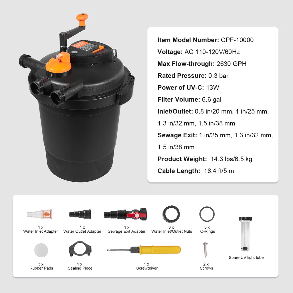 KFFKFF Biological Pressure Pond Filter, Suitable for 3200 Gallons, Equipped with 13W UV-C Lamp, 2630 GPH, Pressurized Pond Filtration System Equipment for Fountain Pool