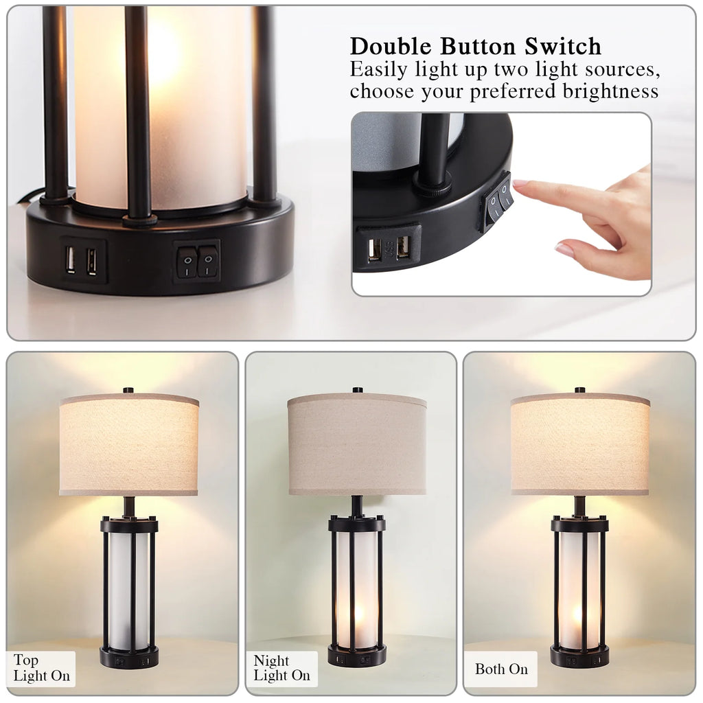RORIA 24a?? Modern Living Room Table Lamp 2-Piece Set with 2 USB Charging Ports, Built-in White Frosted Glass with Night Light, Black Vintage Rustic Farmhouse Lamp for Bedroom Nightstand Lamps