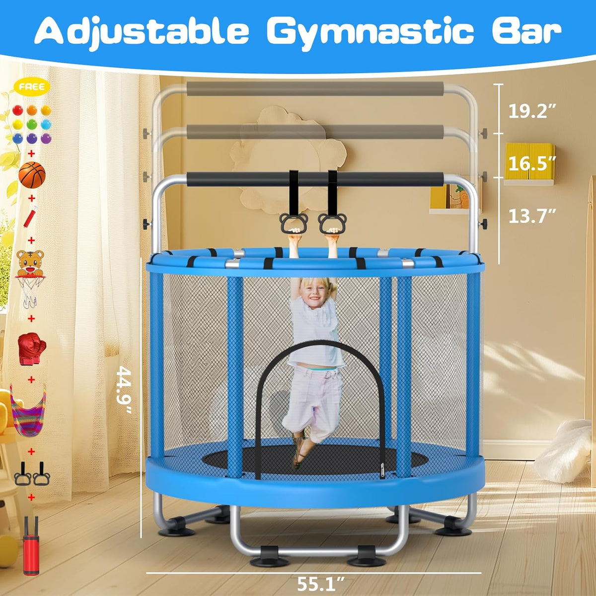 ZCMHAXJ Trampoline for Kids with Adjustable Gymnastics Bar&7 Toys