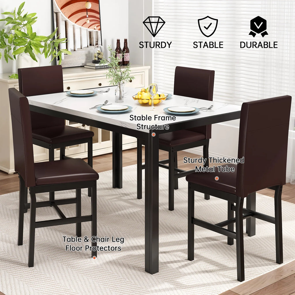AWQM Dining Table Set of 4, Faux Marble 5 Piece Dining Room Table Set with PU Leather Chairs, Rectangular Kitchen Table Set for Apartment, Dining, White