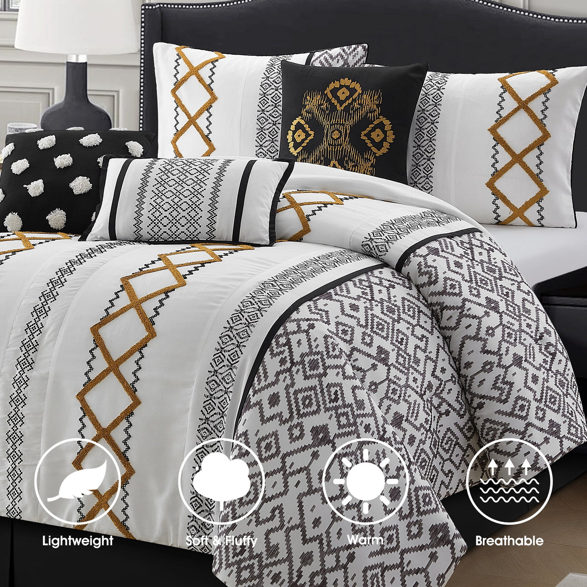 Lanco Luxury 7 Piece Cozy Boho Comforter Set Queen Beige Embroidered Girls Bedding, Premium Microfiber, All Season Home Décor