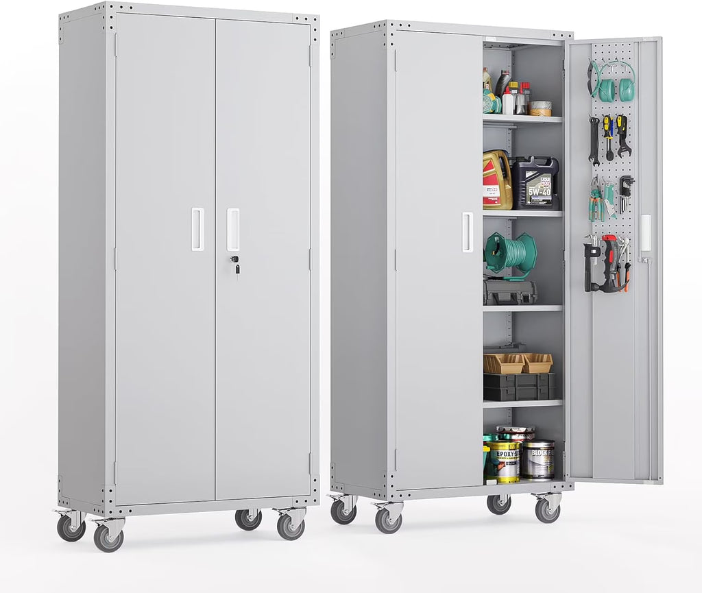 Ktaxon 72''H Garage Storage Cabinet with Pegboards, Metal Storage Cabinet with Wheels, Locking Doors and Adjustable Shelves, Black