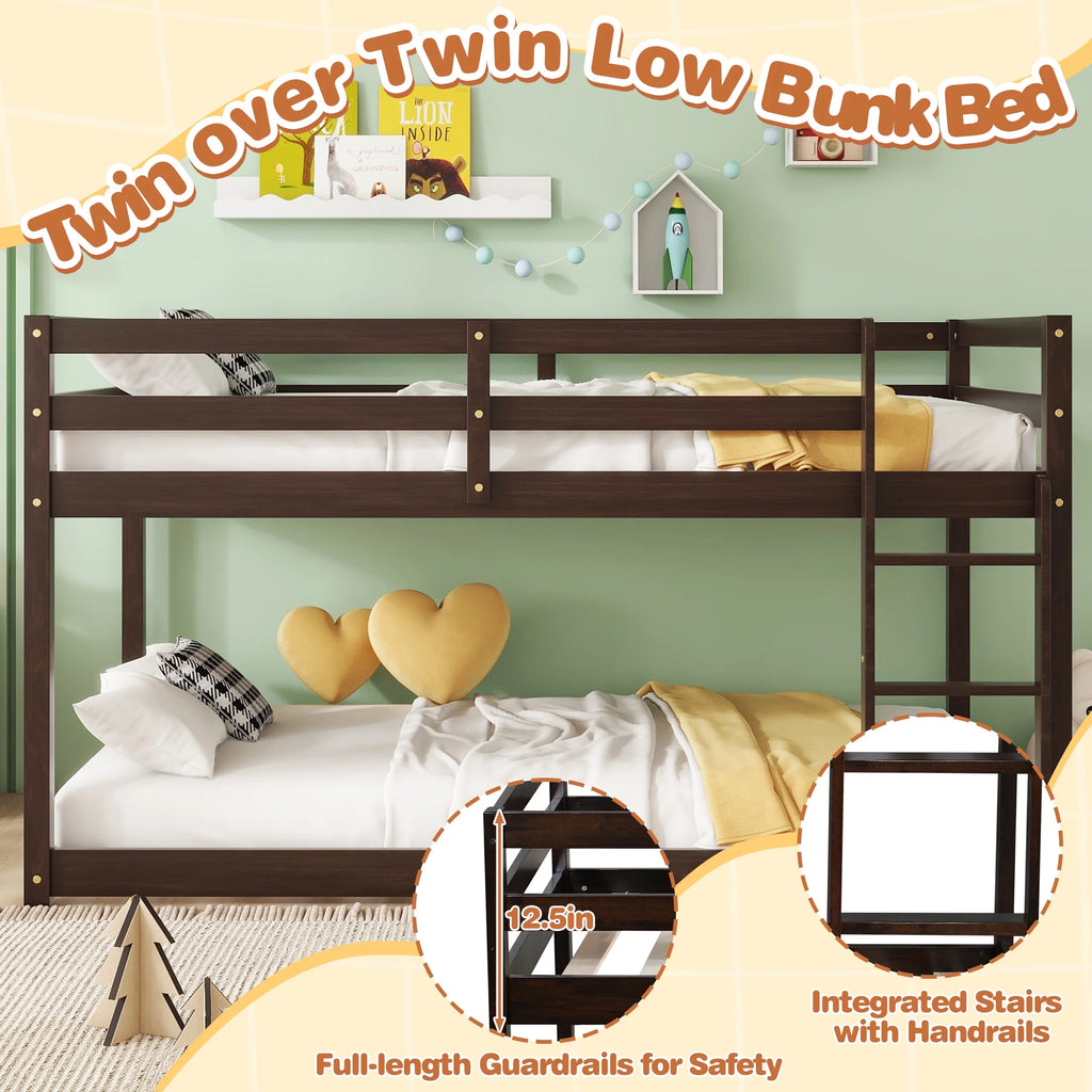 SESSLIFE Bunk Bed Twin Over Twin, Low Floor Bunk Bed with Guard Rails for Dorm, Small Space, No Box Spring Needed(White)
