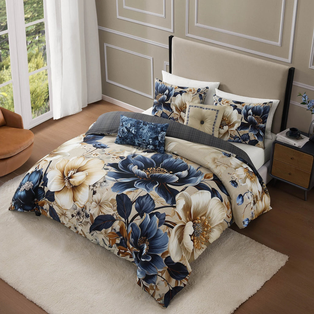 Bebejan English Manor 5 Piece Comforter Set, Queen, Blue, 220 Thread Count, 100% Cotton Sateen, Reversible
