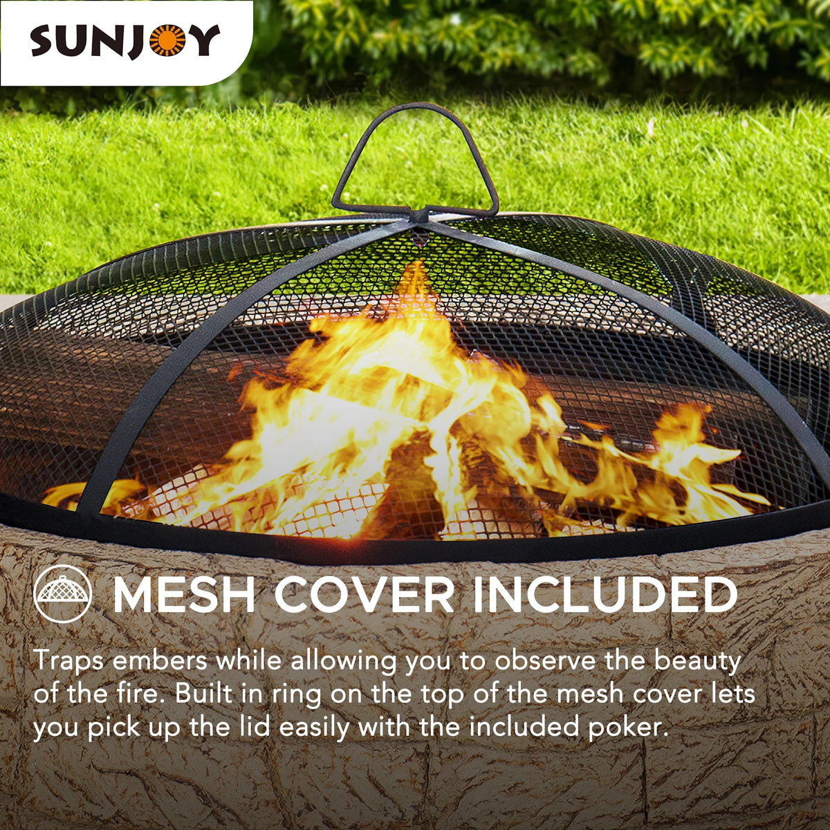 Sunjoy Stone Fire Pit 26 Inch, Outdoor Round Wood Burning Fire Pits with Spark Screen and Poker  Grey