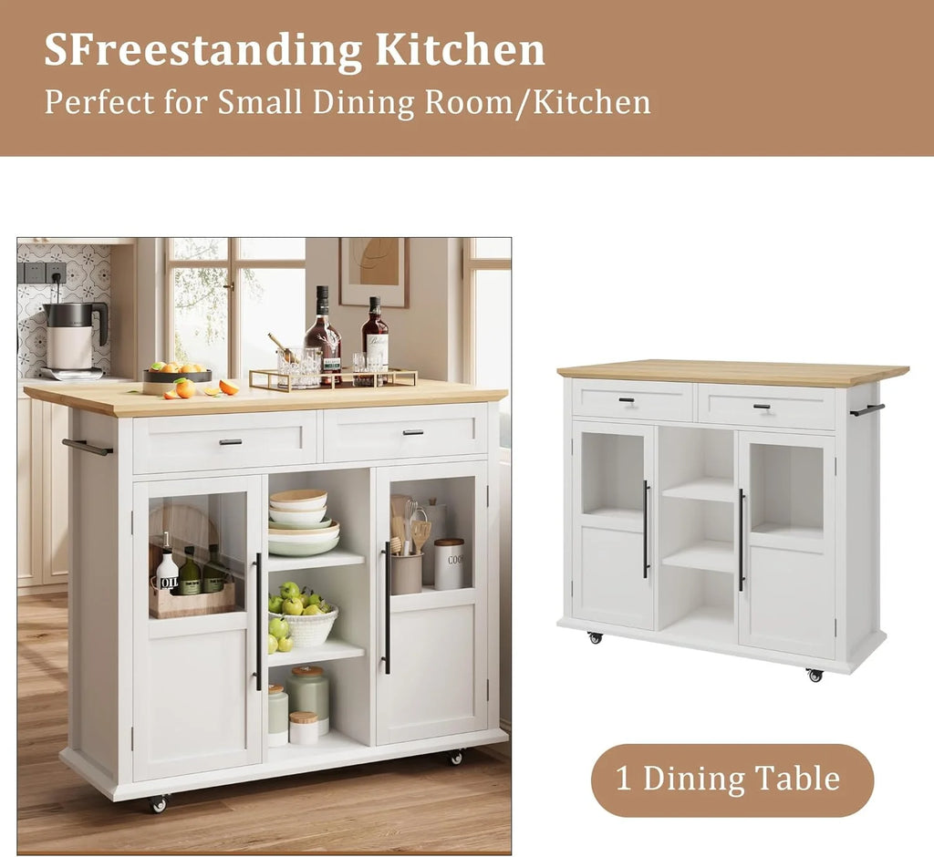 WALYWIK Foldable Kitchen Island Cart with Wheels, 2 Glass Doors, Spice Rack & Towel Holder �C Compact Mobile Storage Cart for Small Kitchens, Dining Rooms, Camping & RVs - Grey